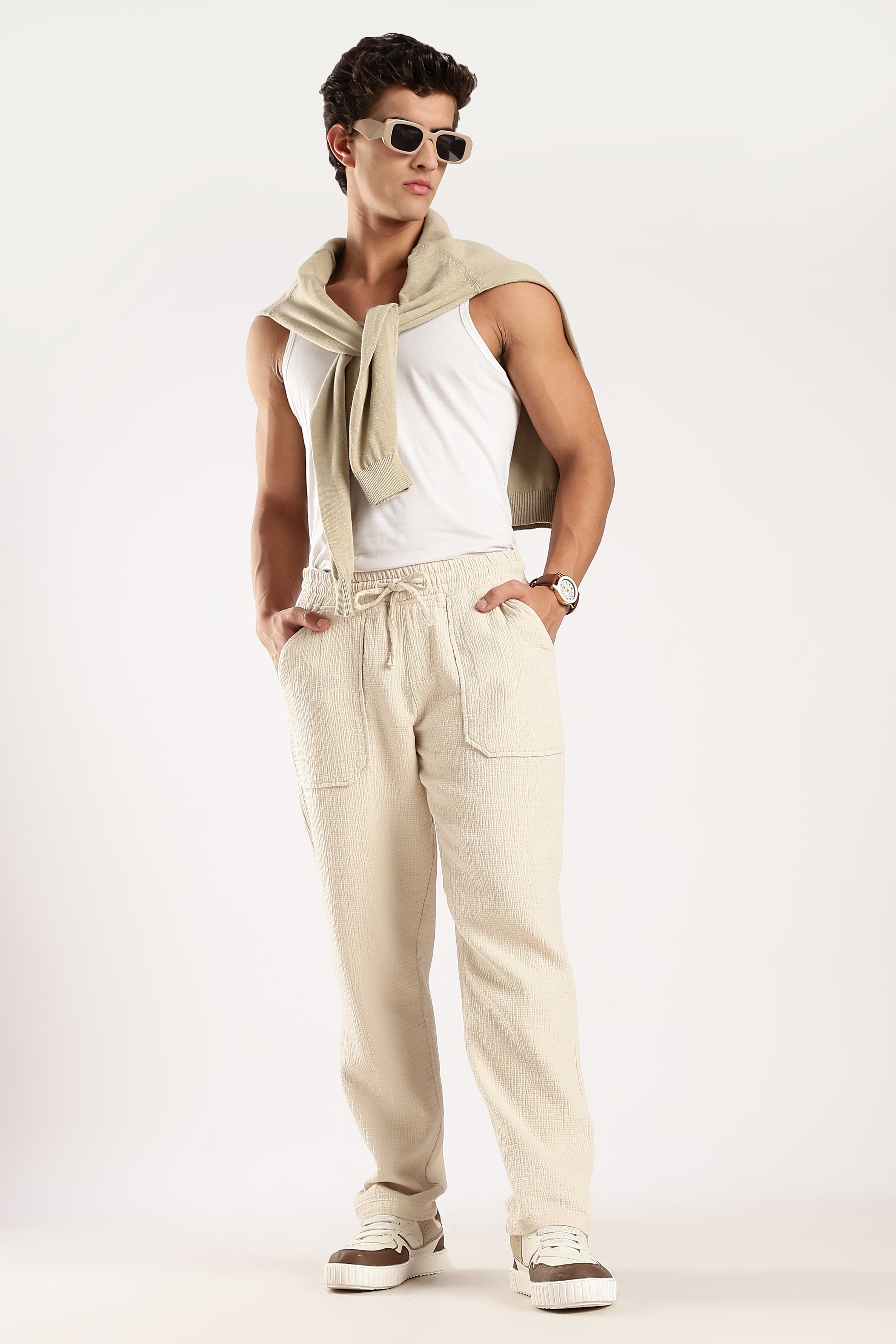 Men Off White Drawcord Trousers