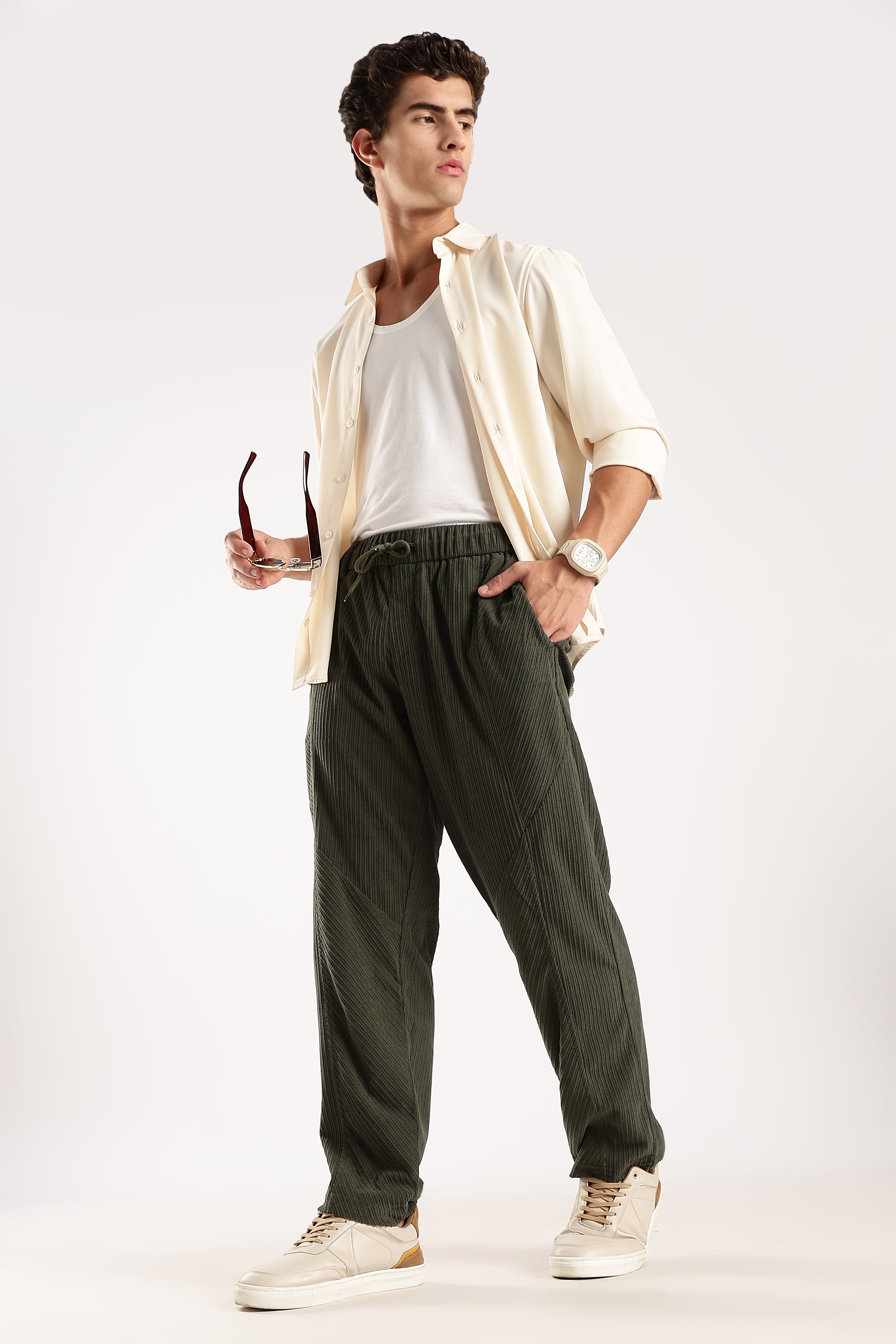 Men Green Textured Drawcord Trousers
