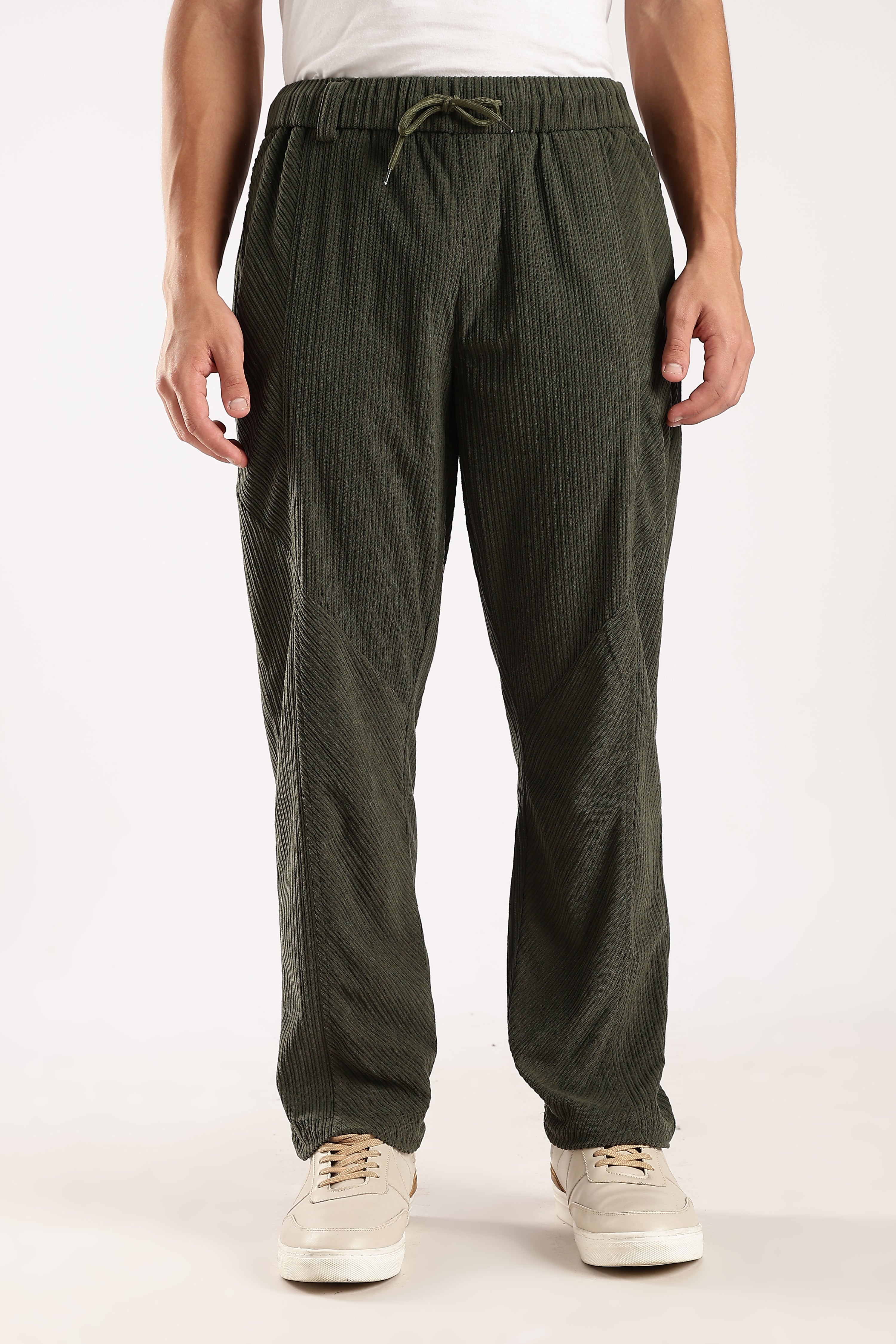 Men Green Textured Drawcord Trousers