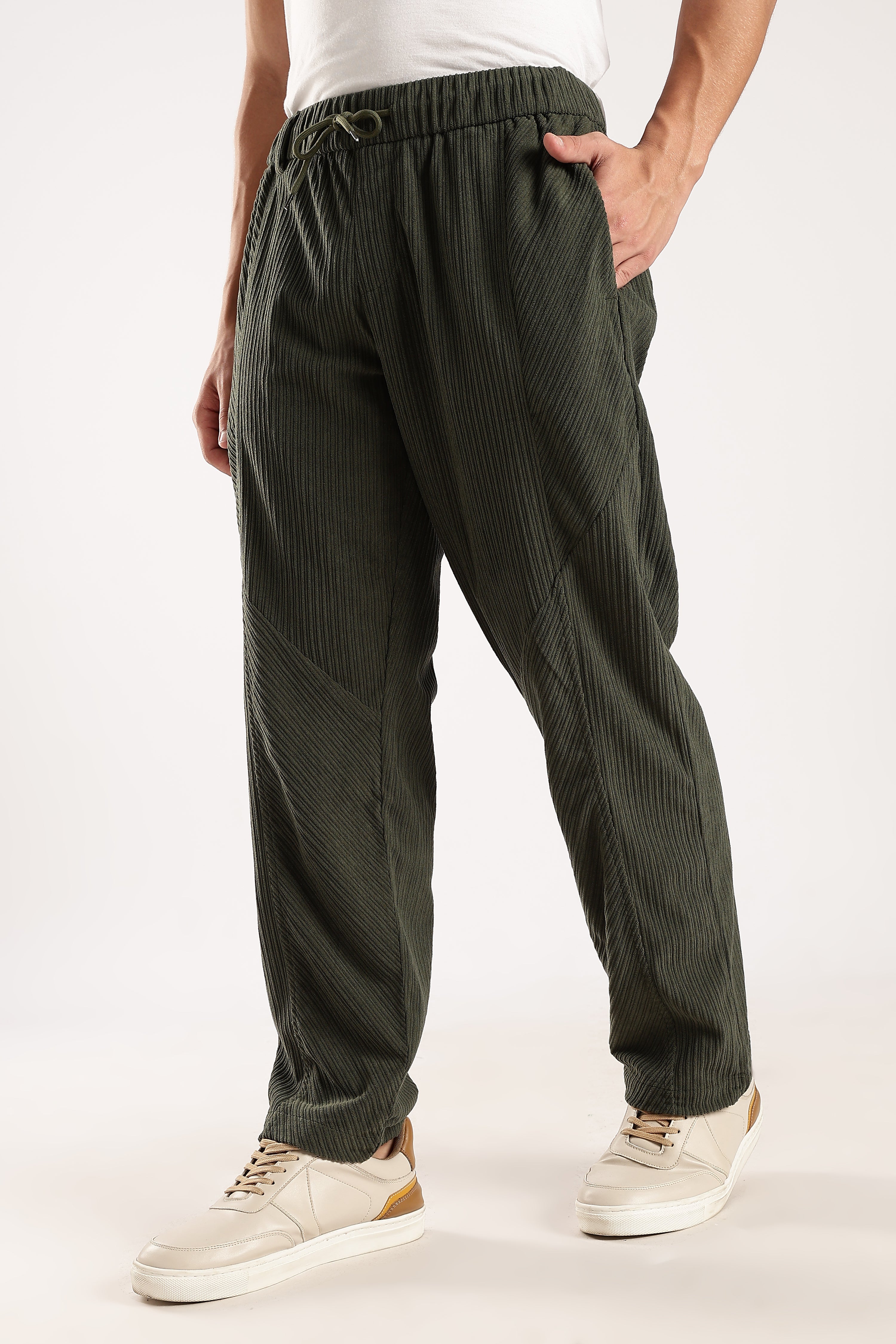 Men Green Textured Drawcord Trousers