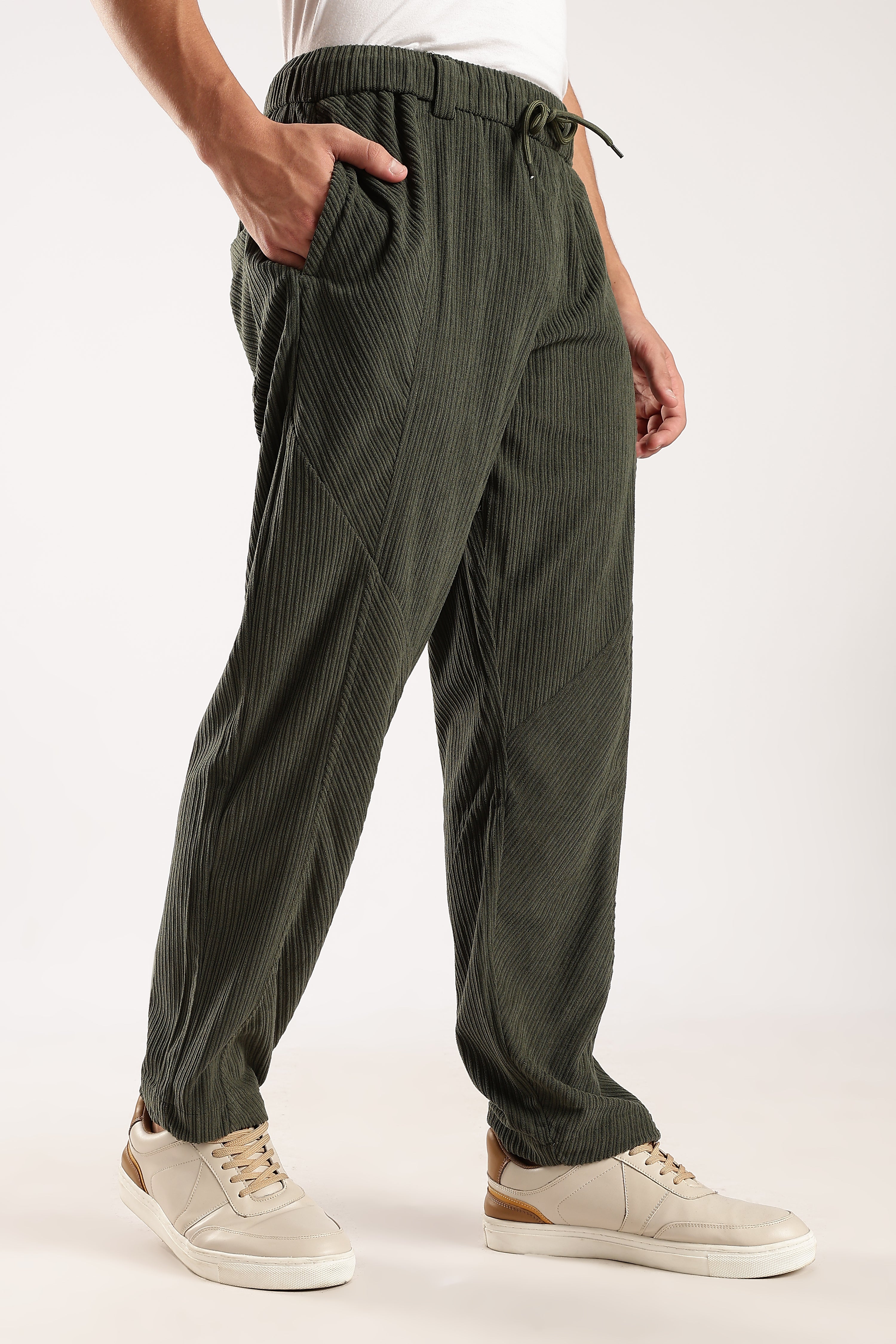 Men Green Textured Drawcord Trousers