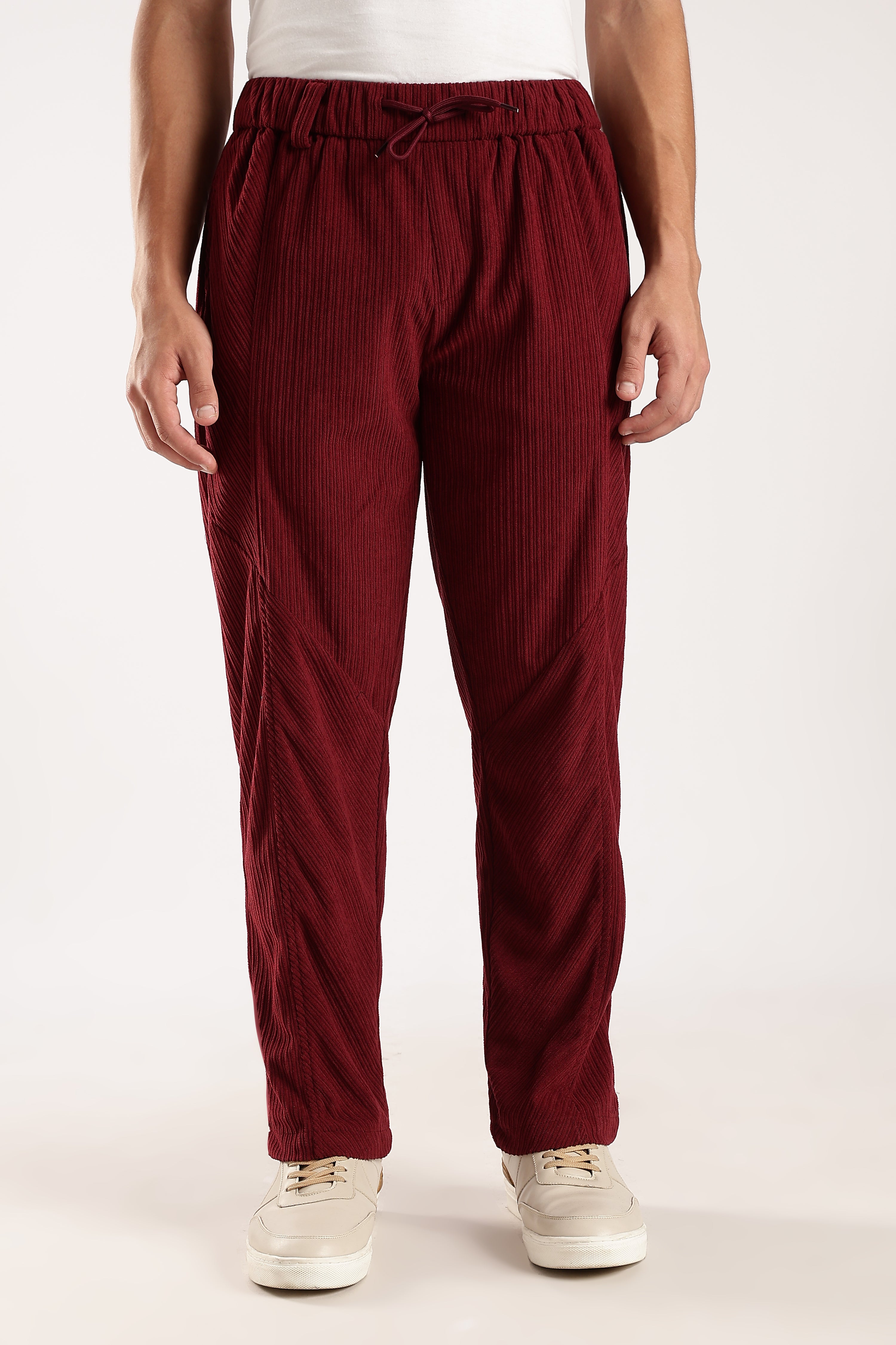Men Maroon Textured Drawcord Trousers