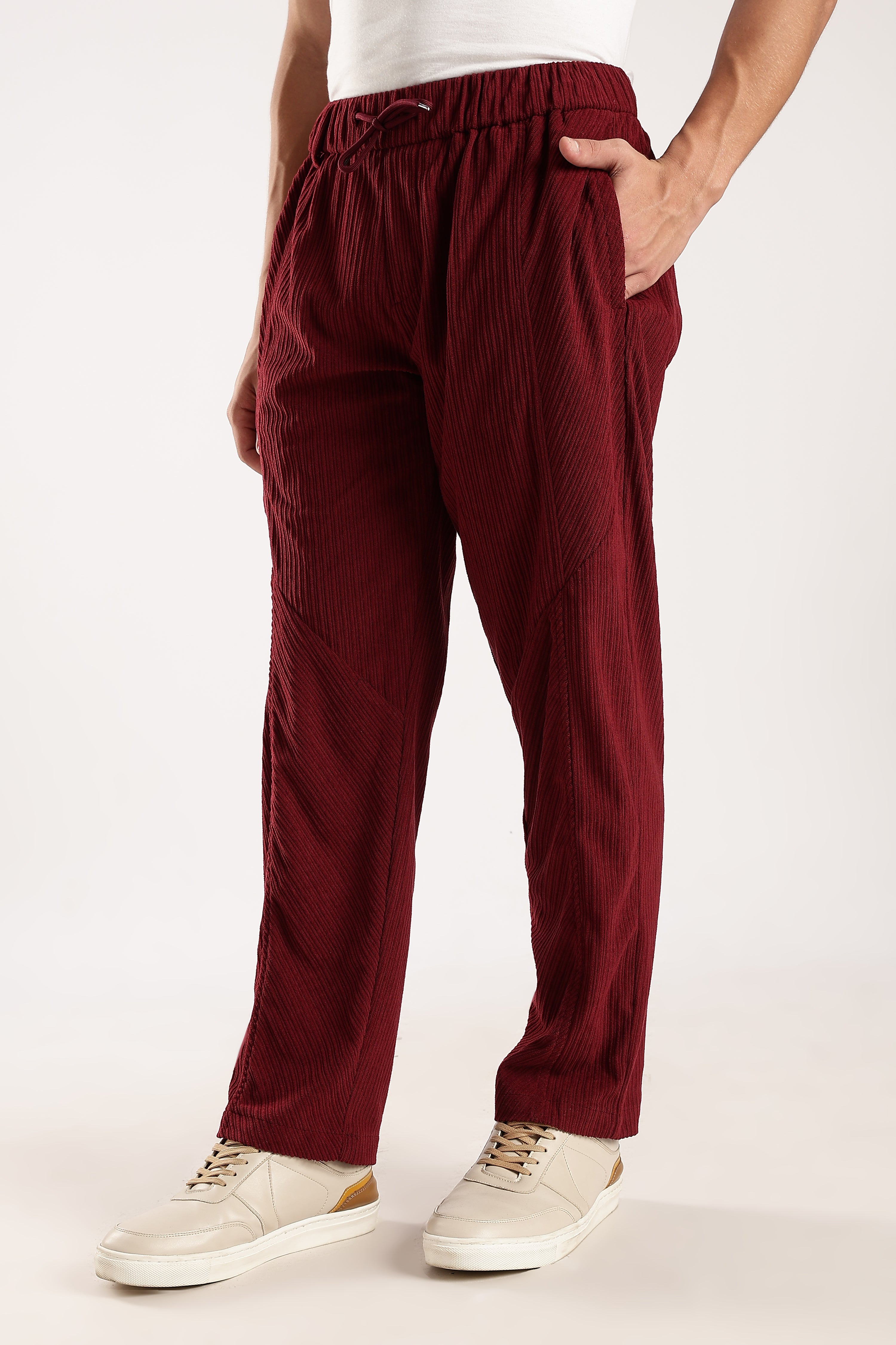 Men Maroon Textured Drawcord Trousers