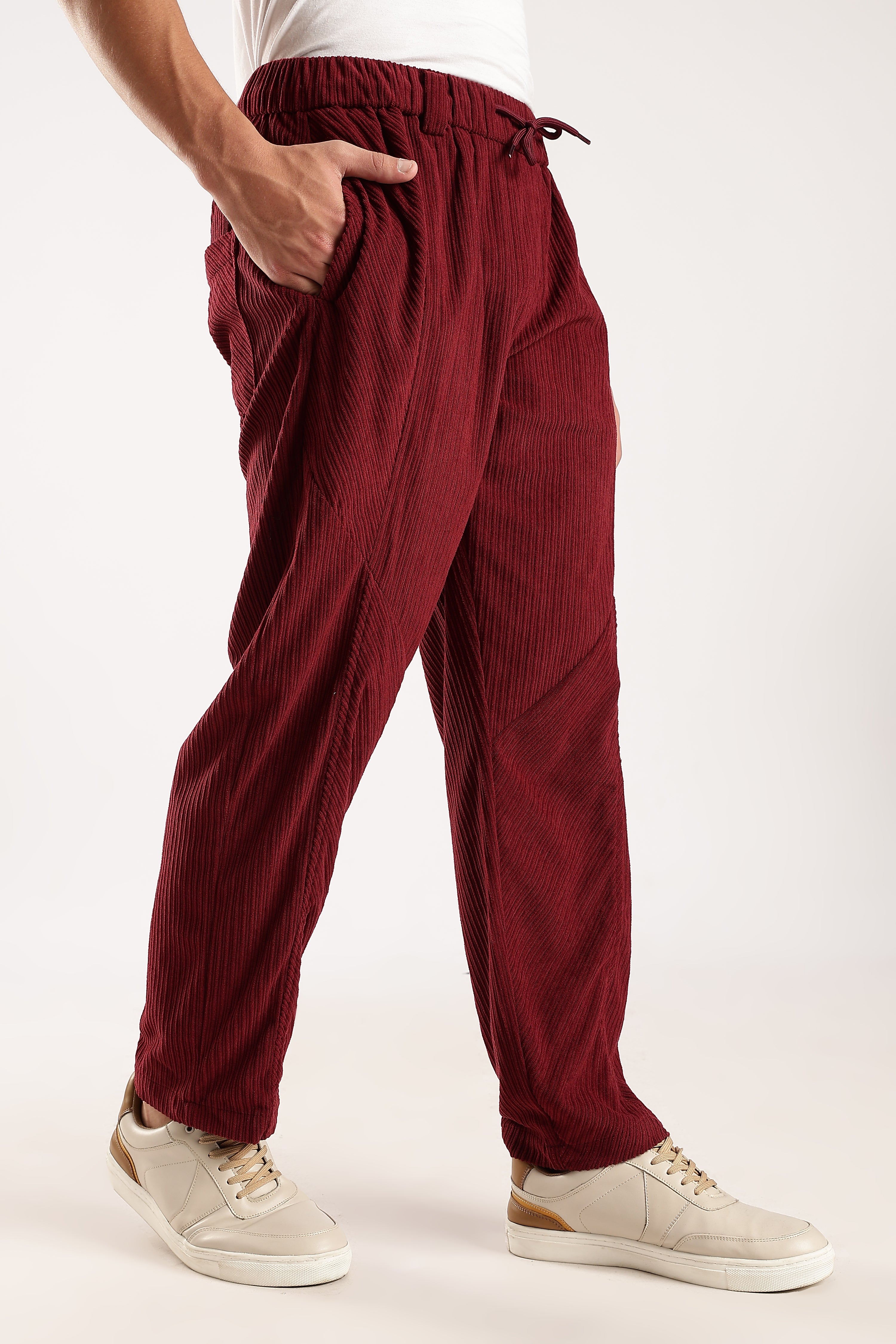 Men Maroon Textured Drawcord Trousers