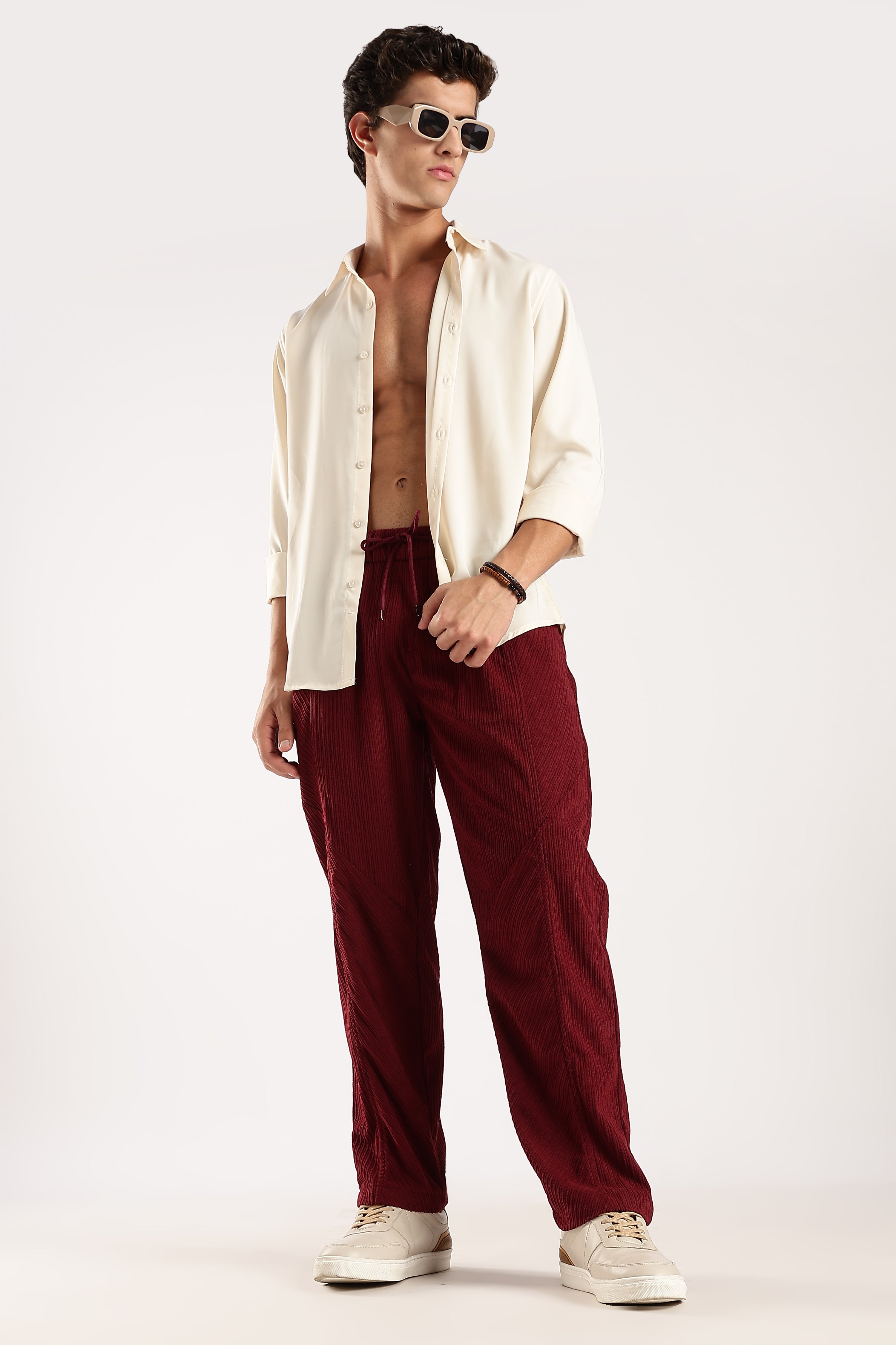 Men Maroon Textured Drawcord Trousers