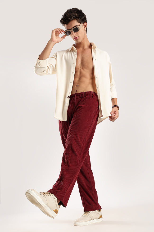 Men Maroon Textured Drawcord Trousers