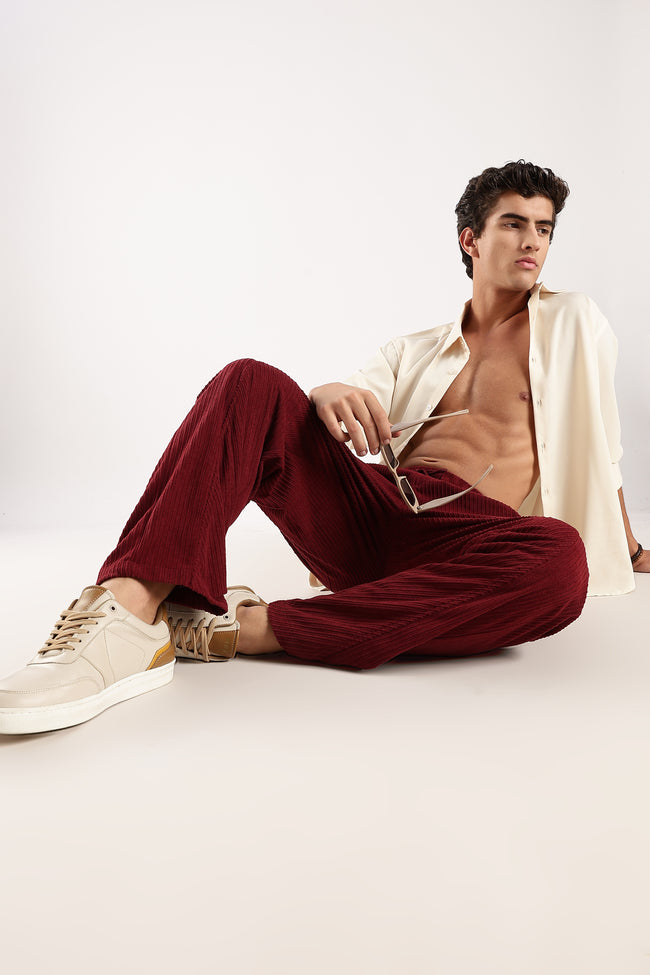 Men Maroon Textured Drawcord Trousers