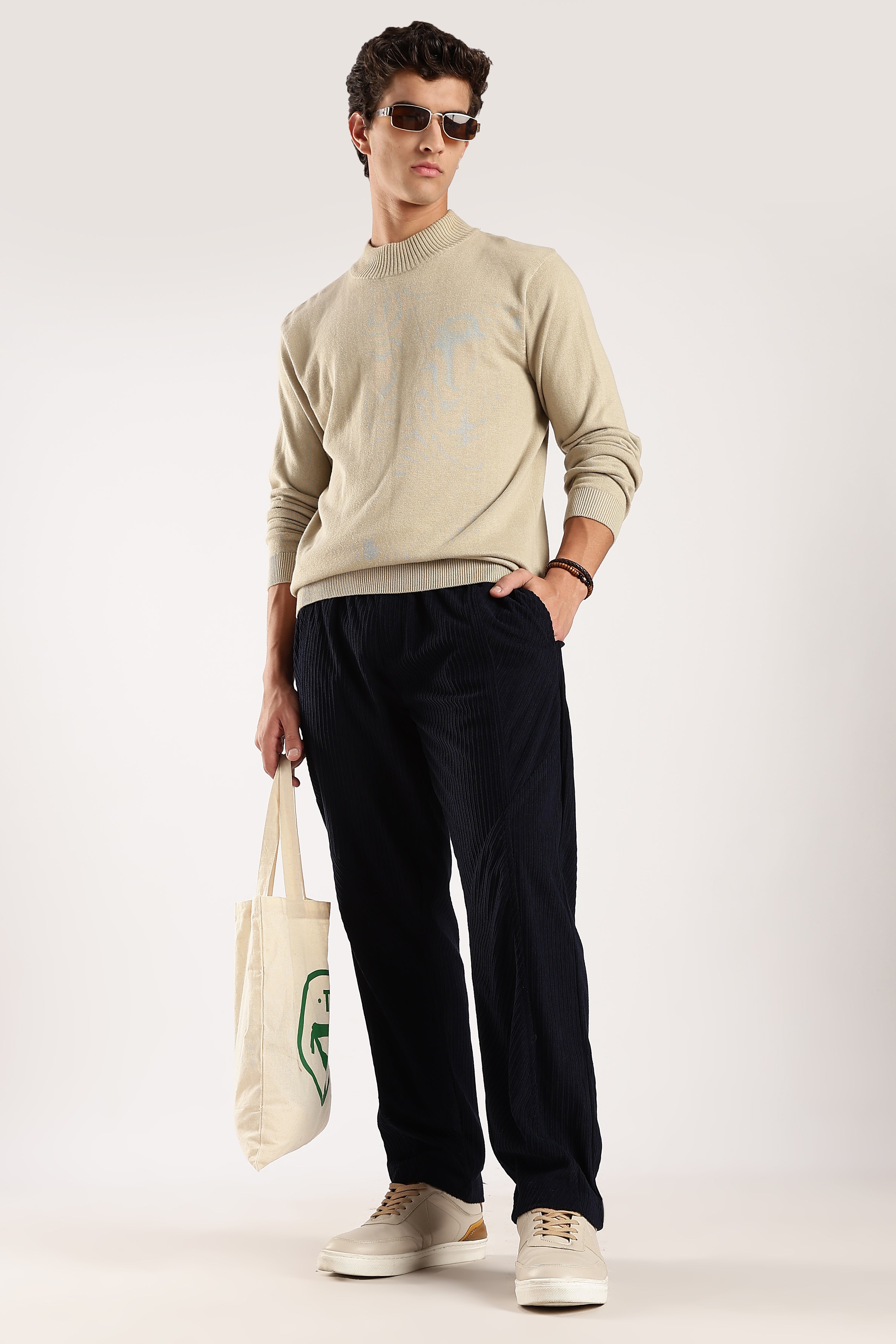 Men Navy Blue Textured Drawcord Trousers