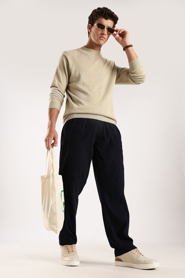 Men Navy Blue Textured Drawcord Trousers