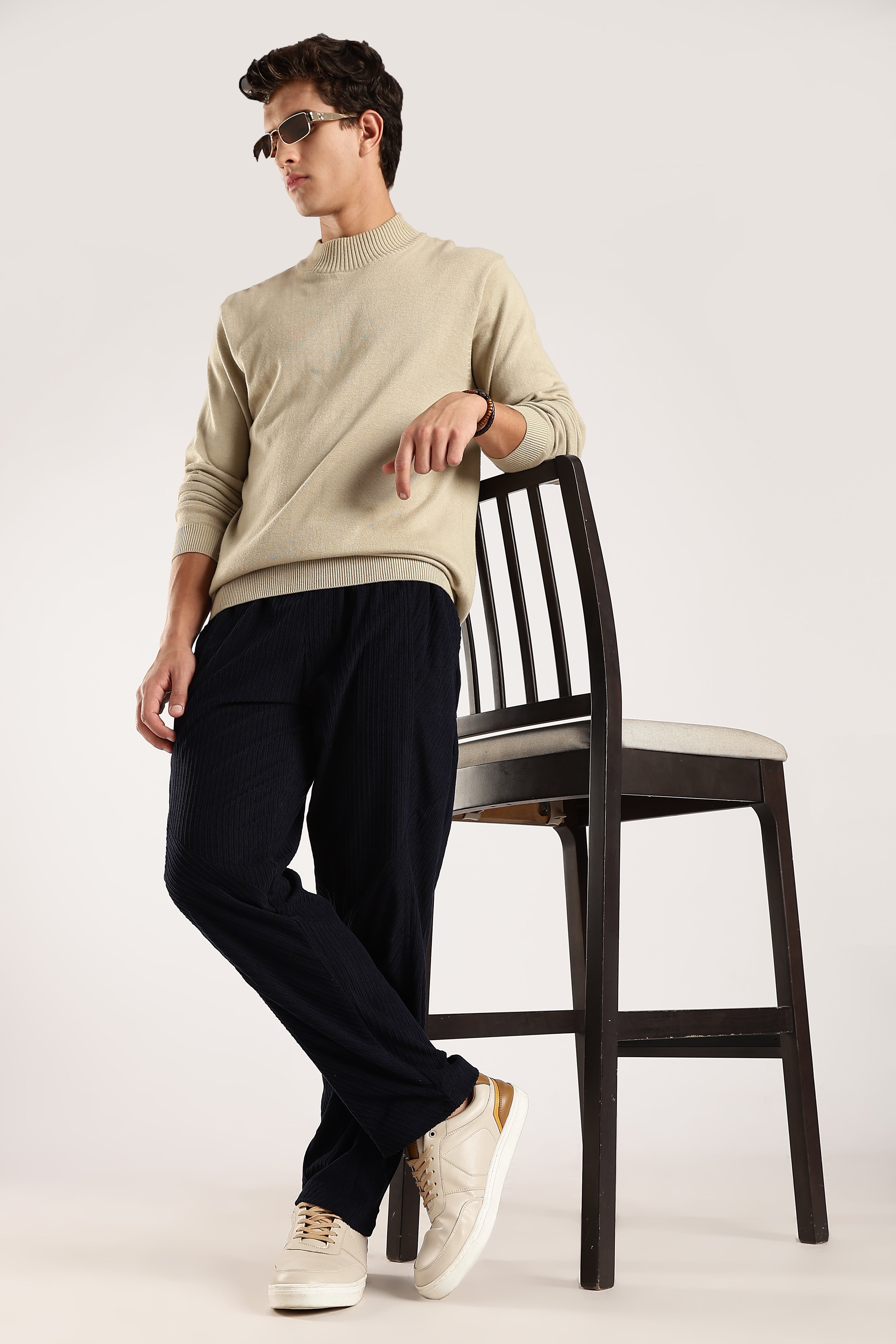 Men Navy Blue Textured Drawcord Trousers