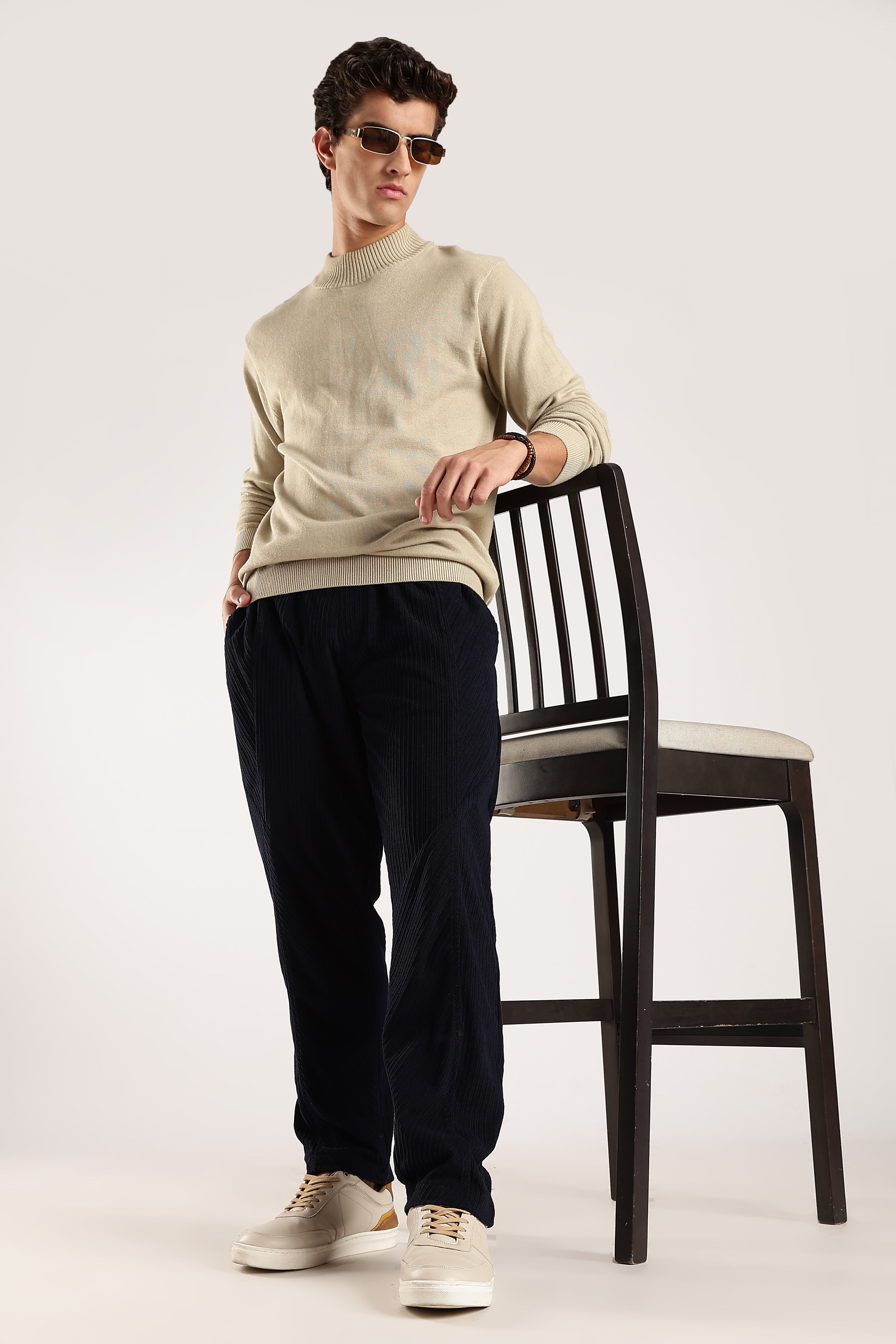 Men Navy Blue Textured Drawcord Trousers