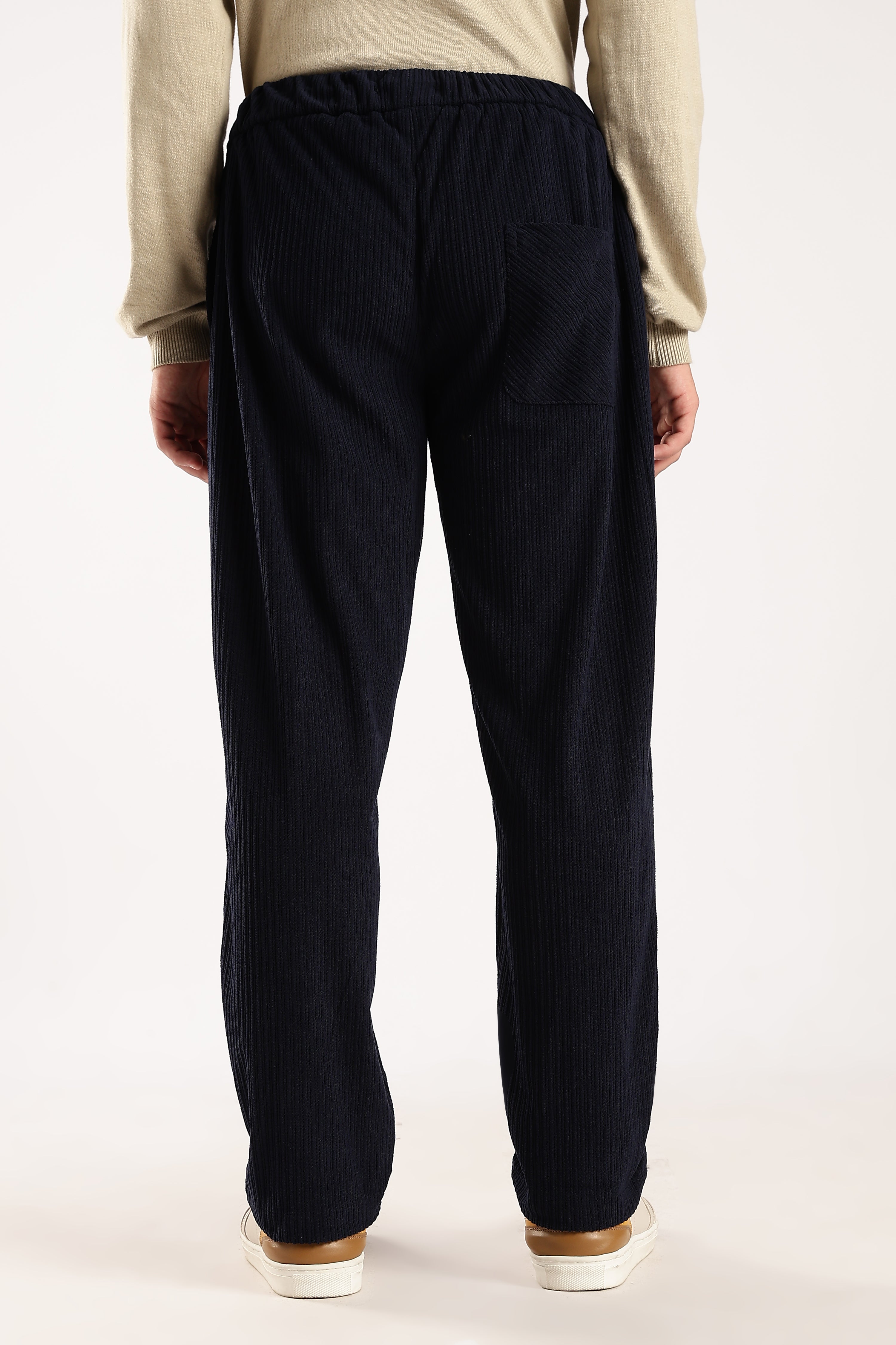 Men Navy Blue Textured Drawcord Trousers