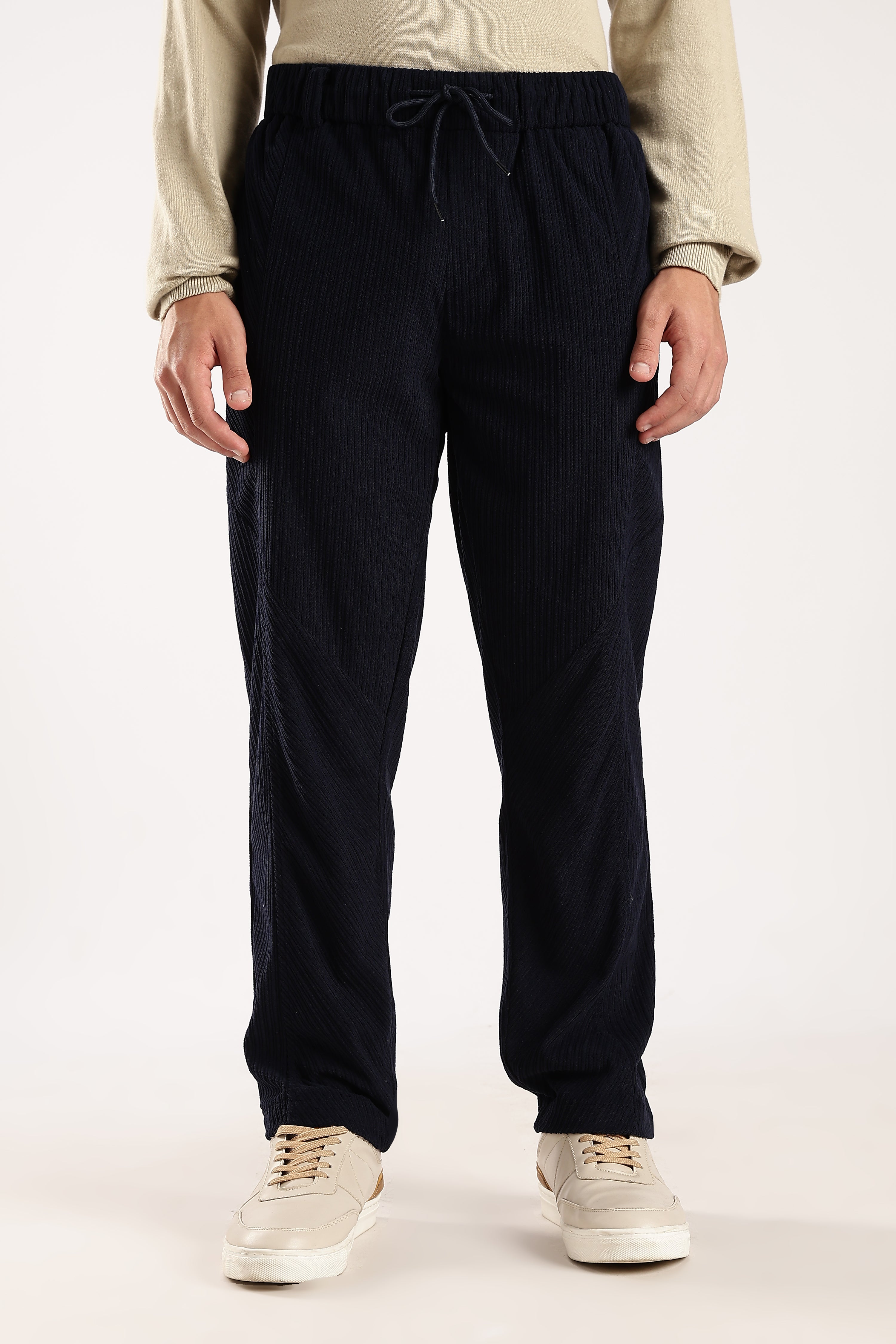 Men Navy Blue Textured Drawcord Trousers