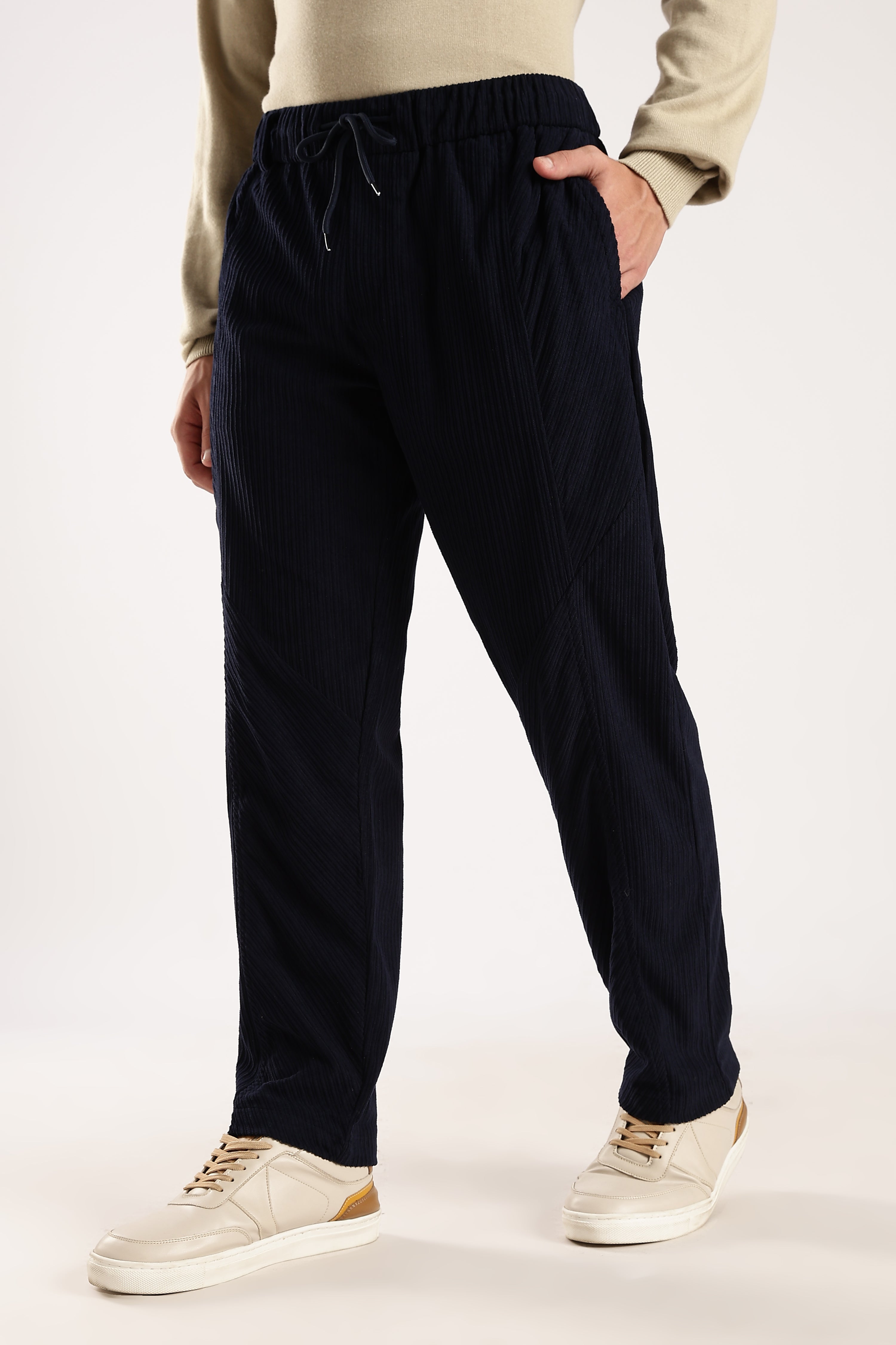 Men Navy Blue Textured Drawcord Trousers