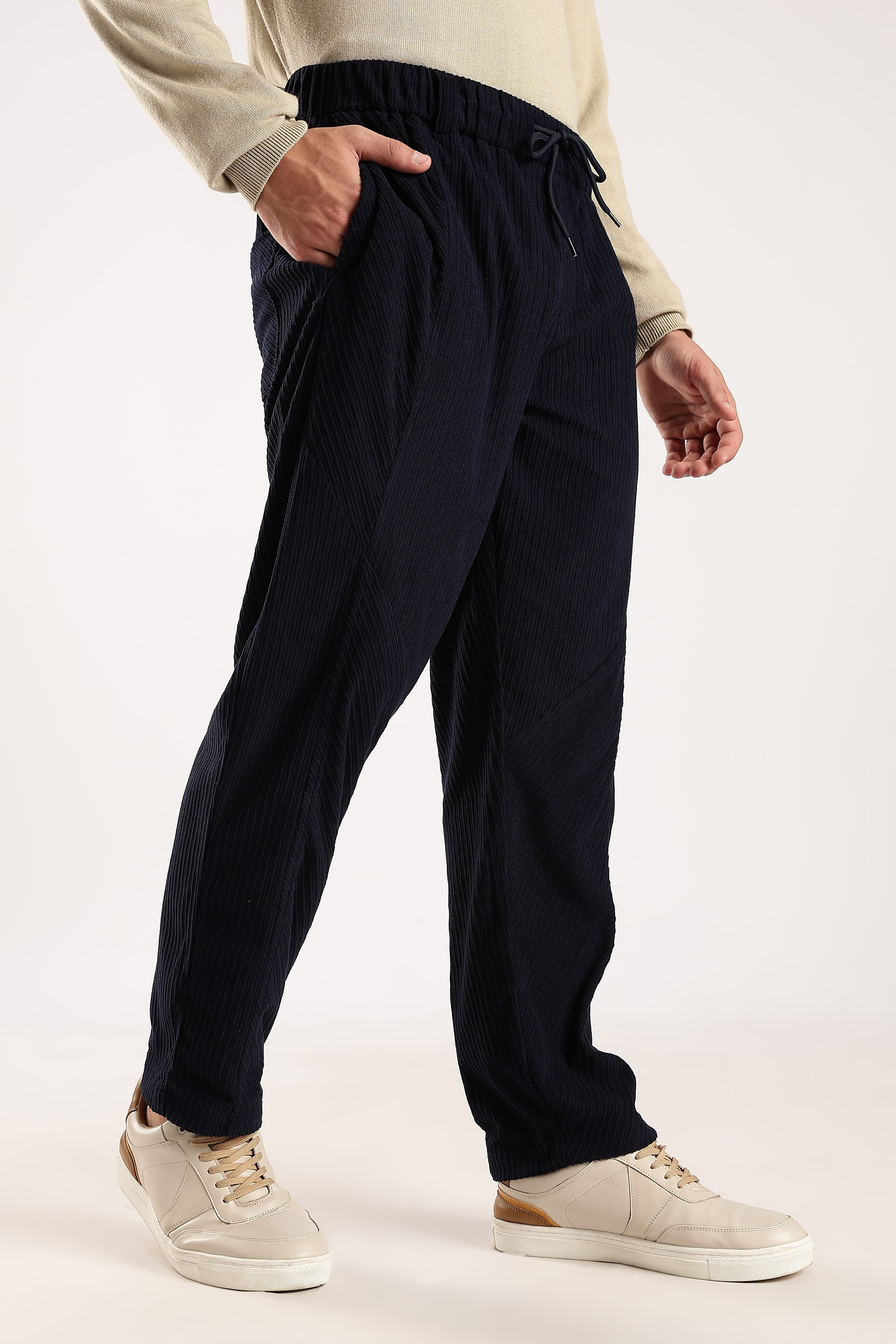 Men Navy Blue Textured Drawcord Trousers
