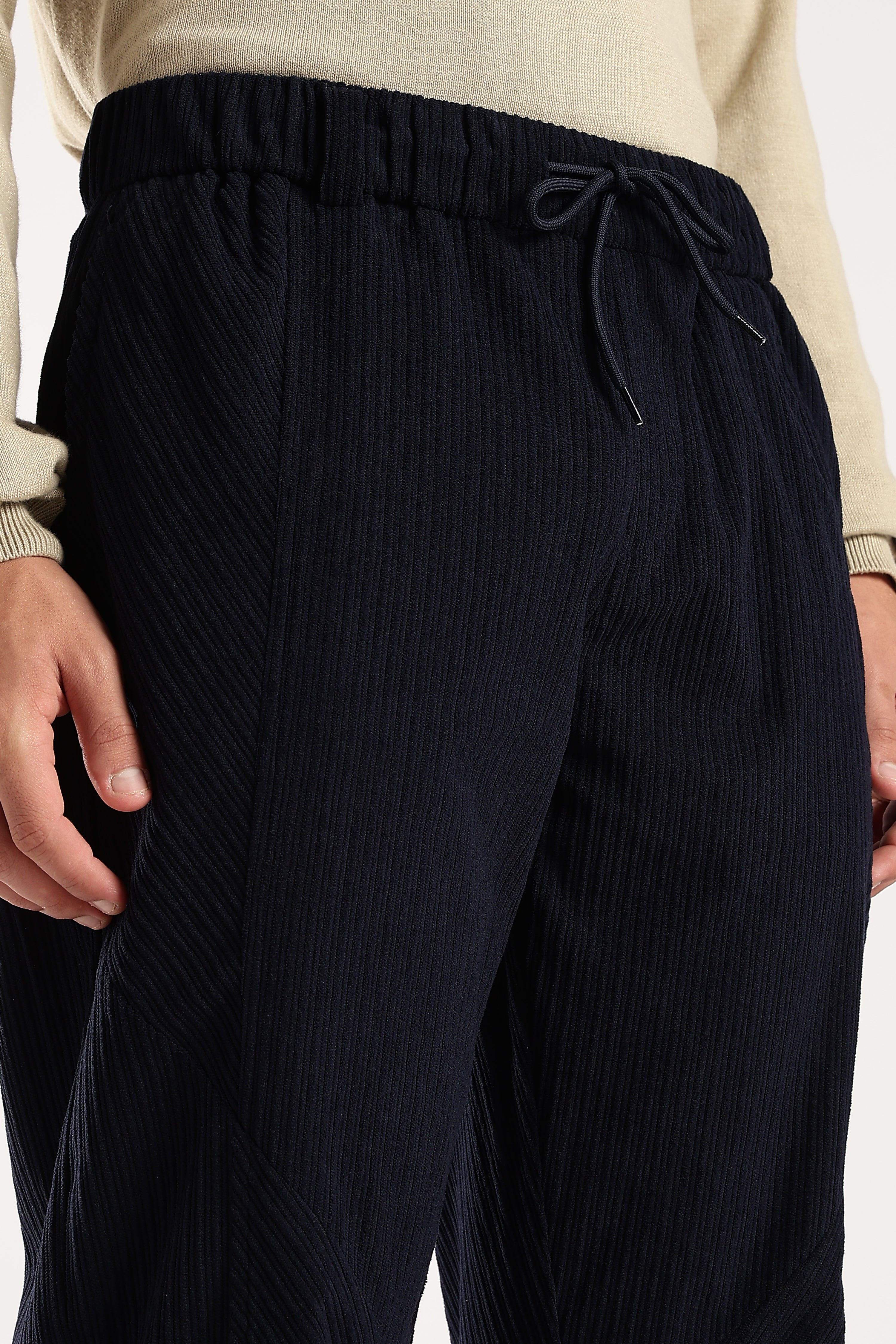 Men Navy Blue Textured Drawcord Trousers