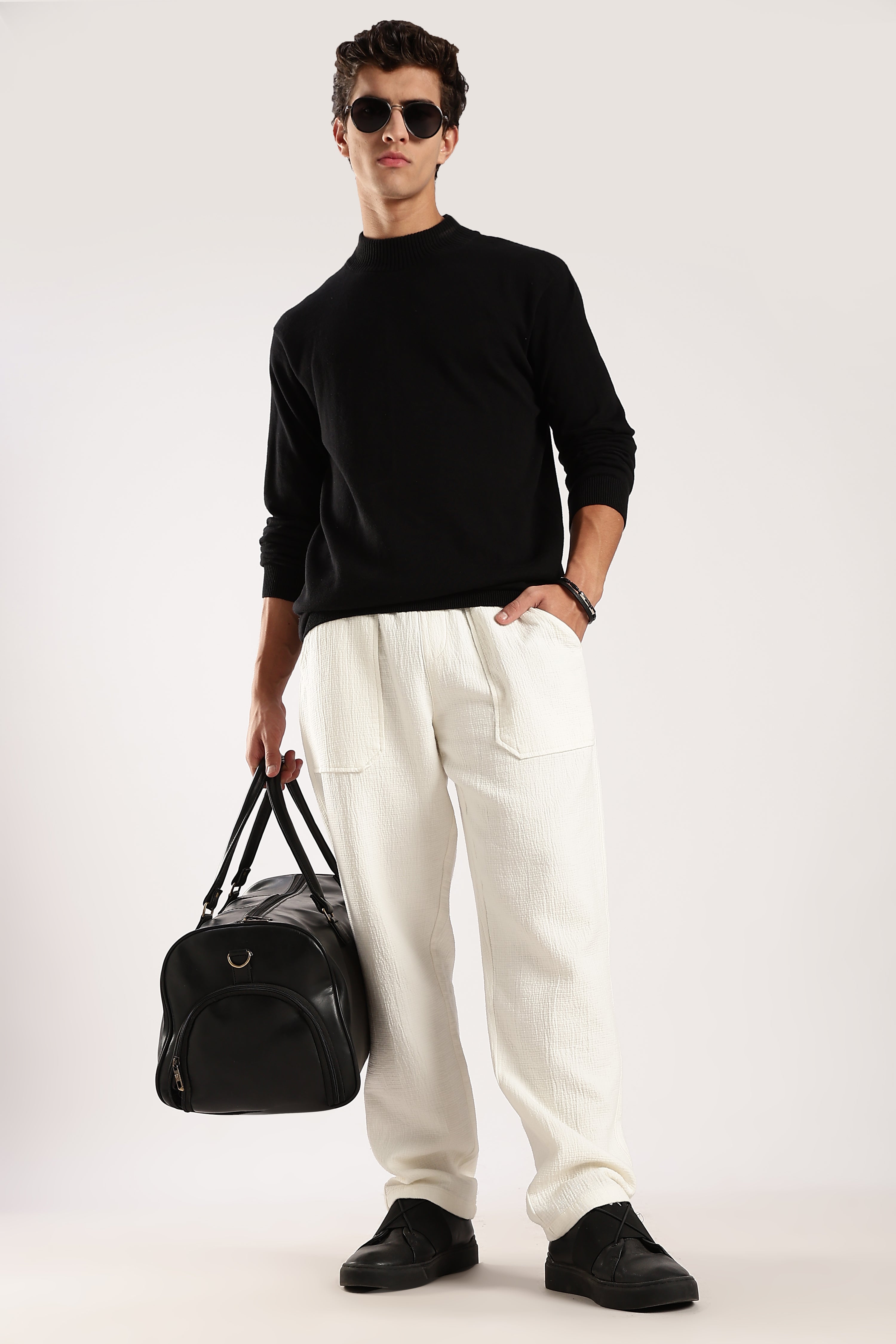 Men White Drawcord Trousers