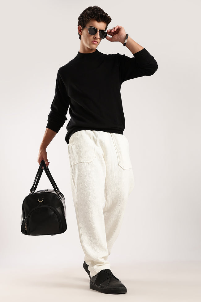 Men White Drawcord Trousers