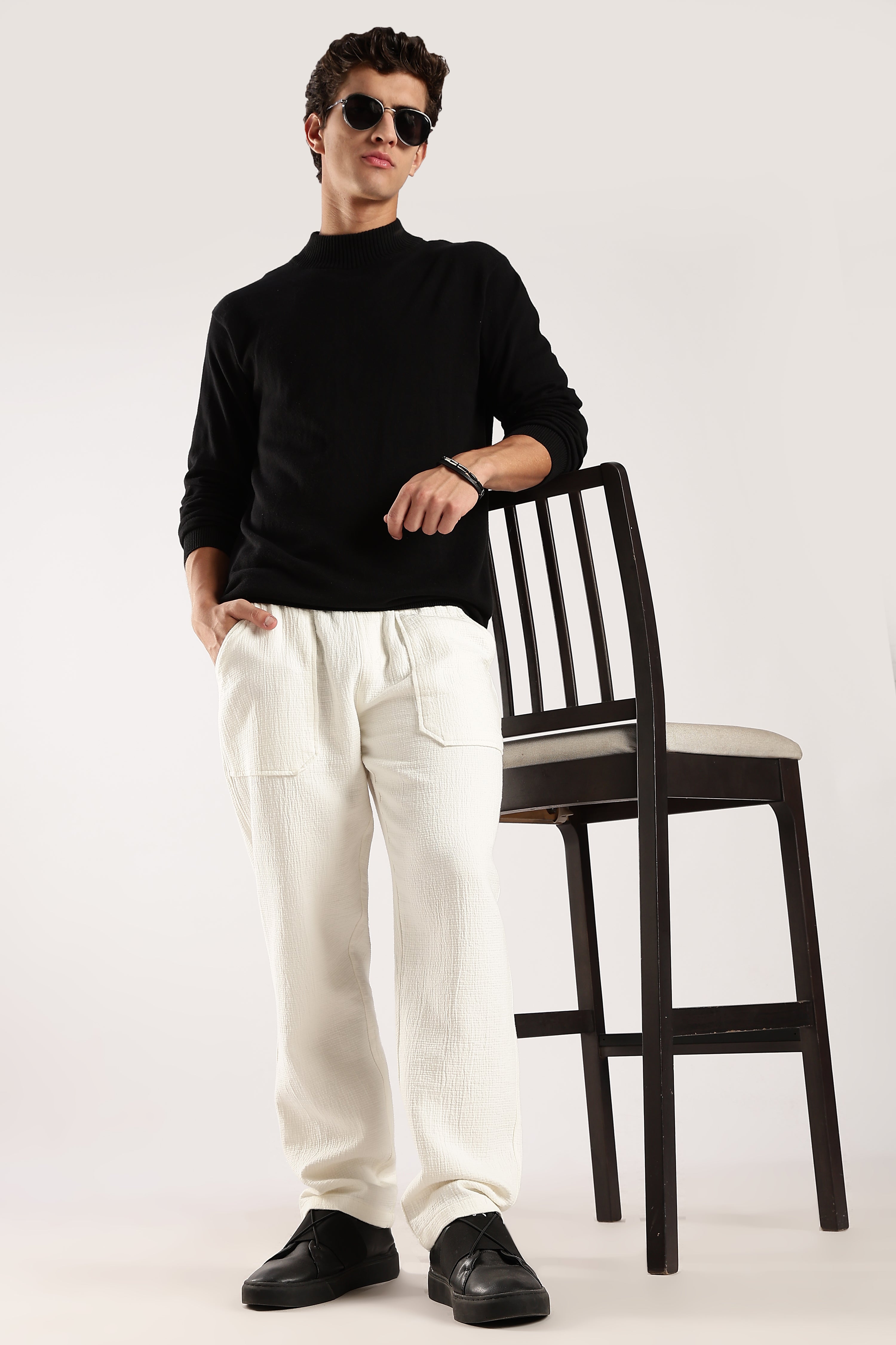 Men White Drawcord Trousers