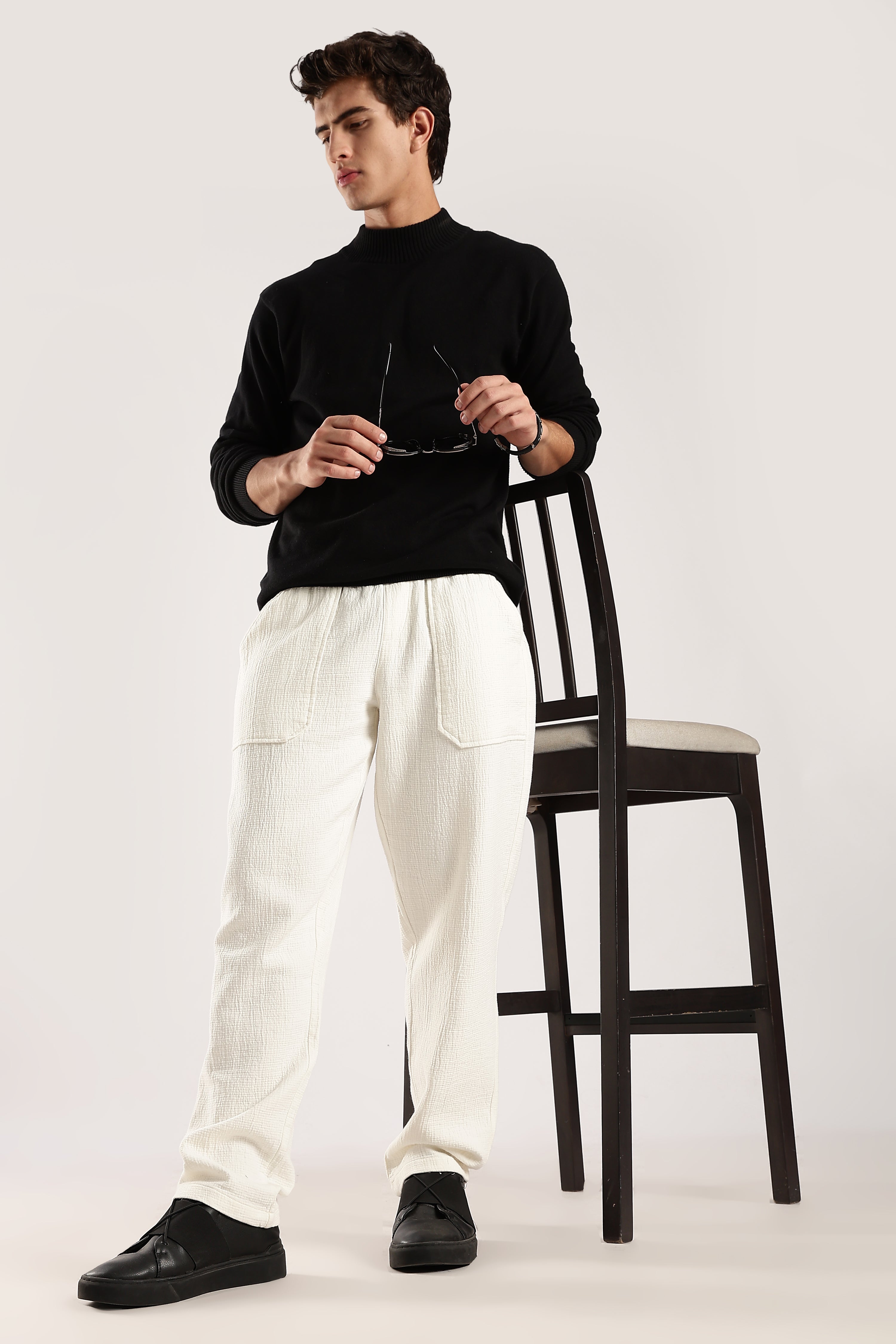 Men White Drawcord Trousers