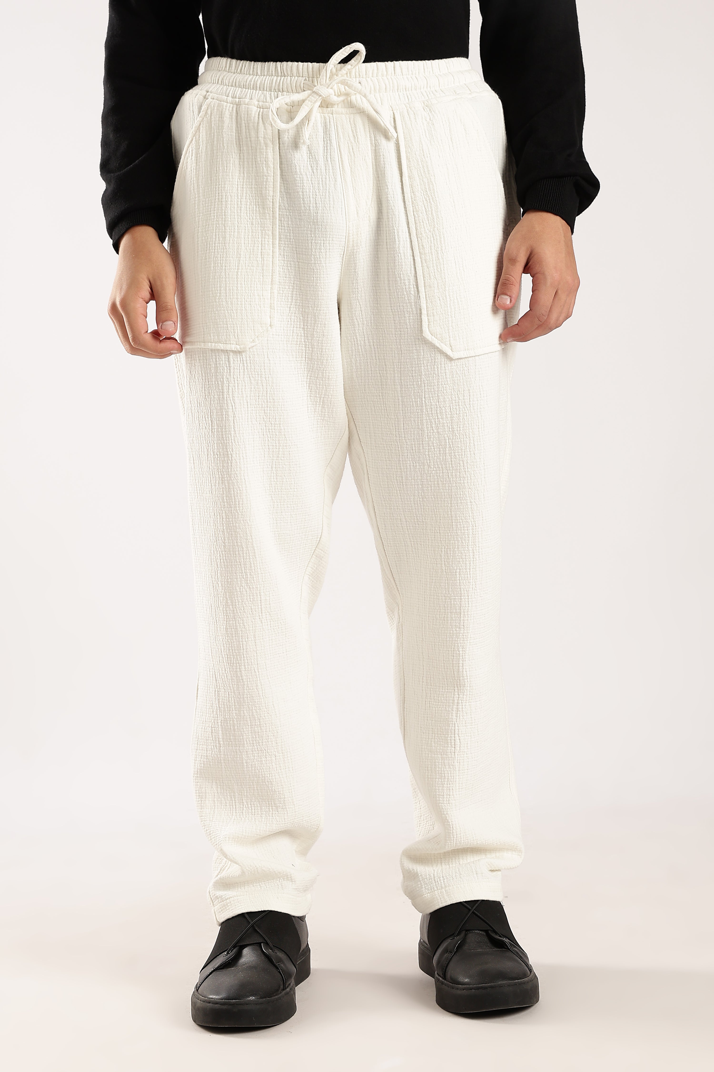 Men White Drawcord Trousers