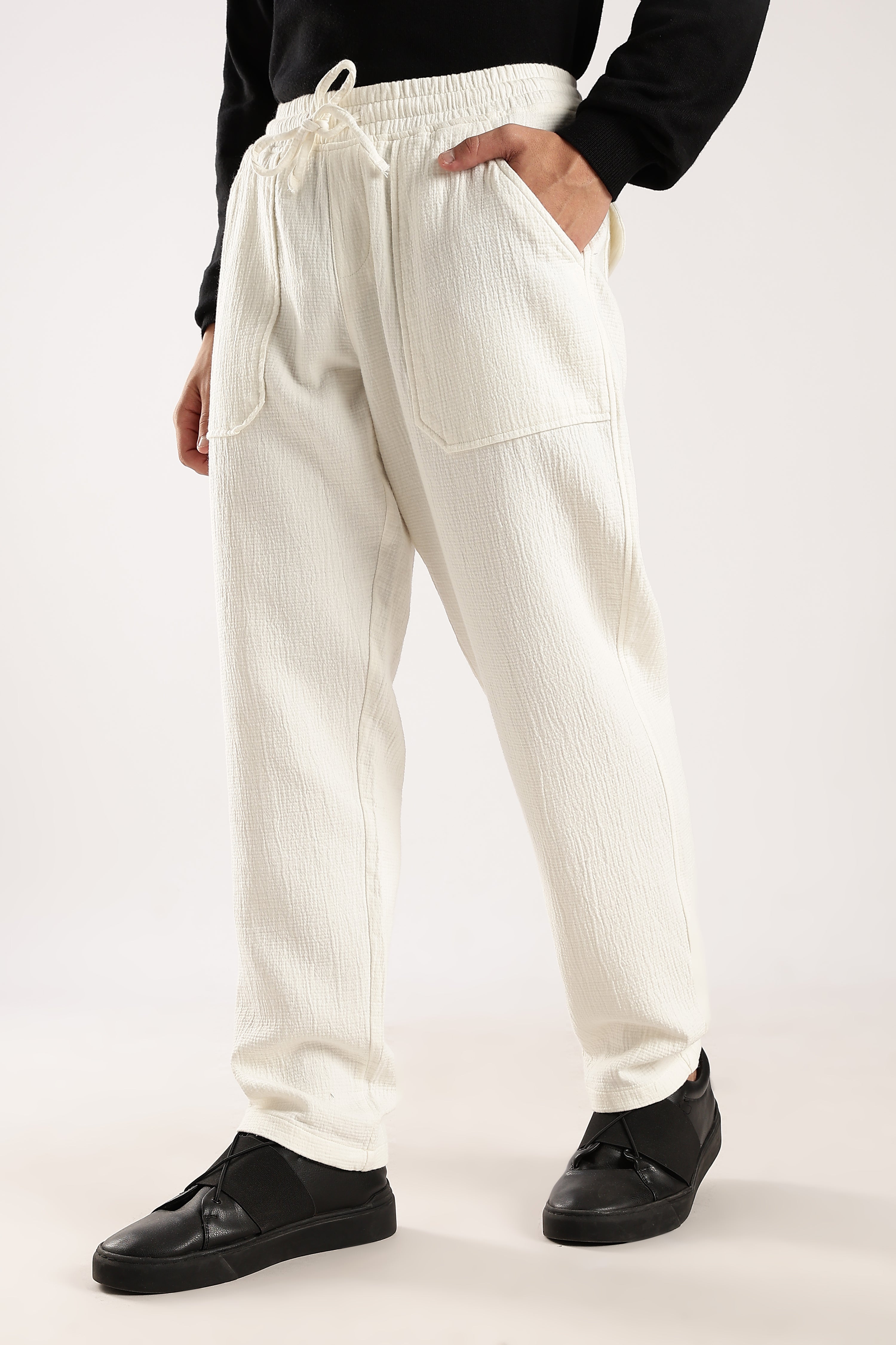Men White Drawcord Trousers
