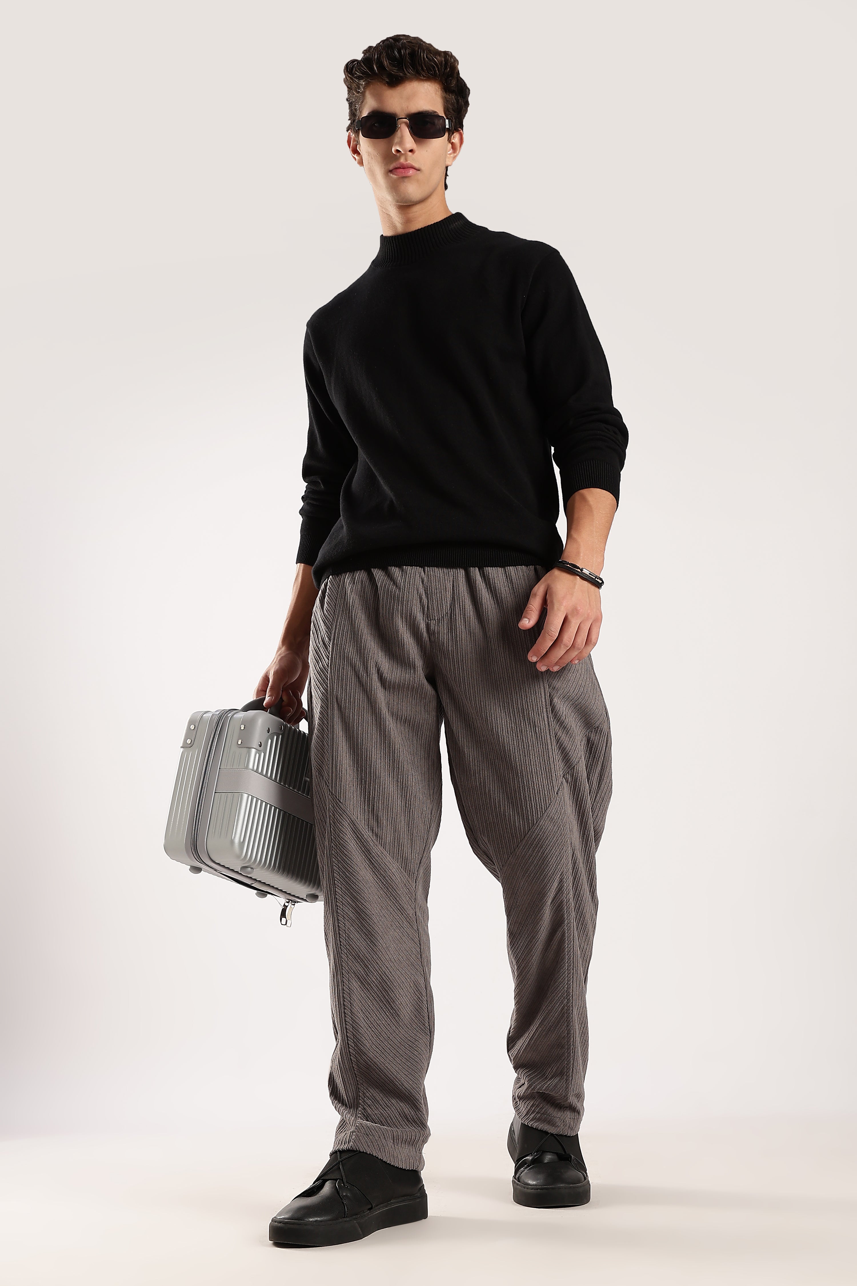 Men Grey Textured Drawcord Trousers