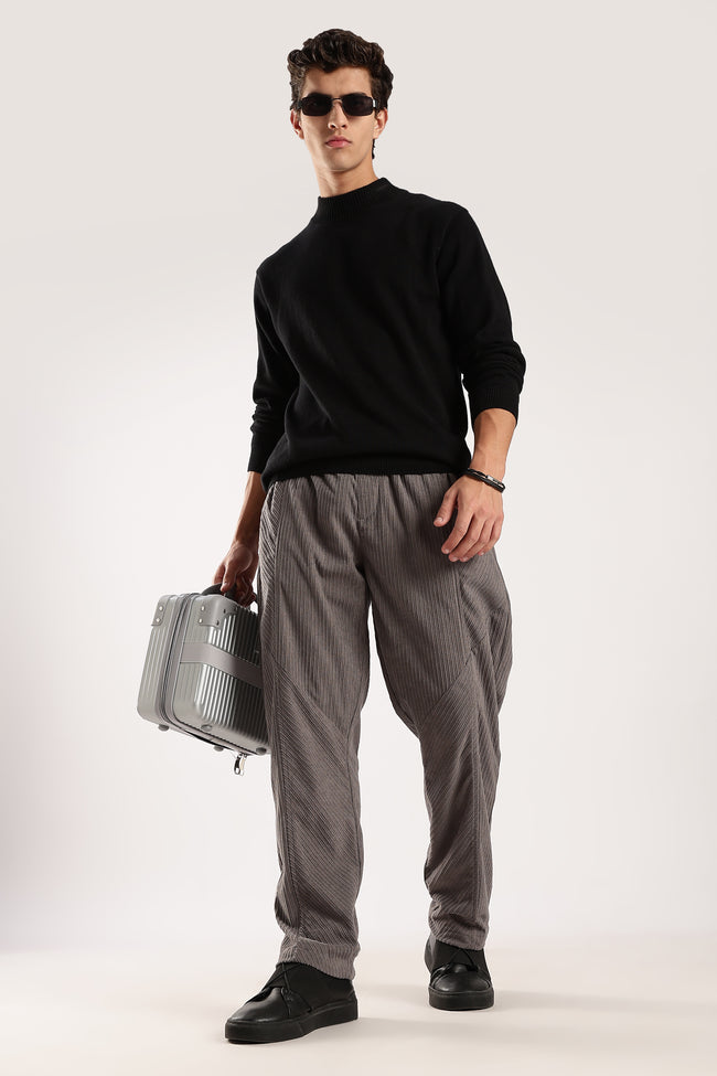 Men Grey Textured Drawcord Trousers