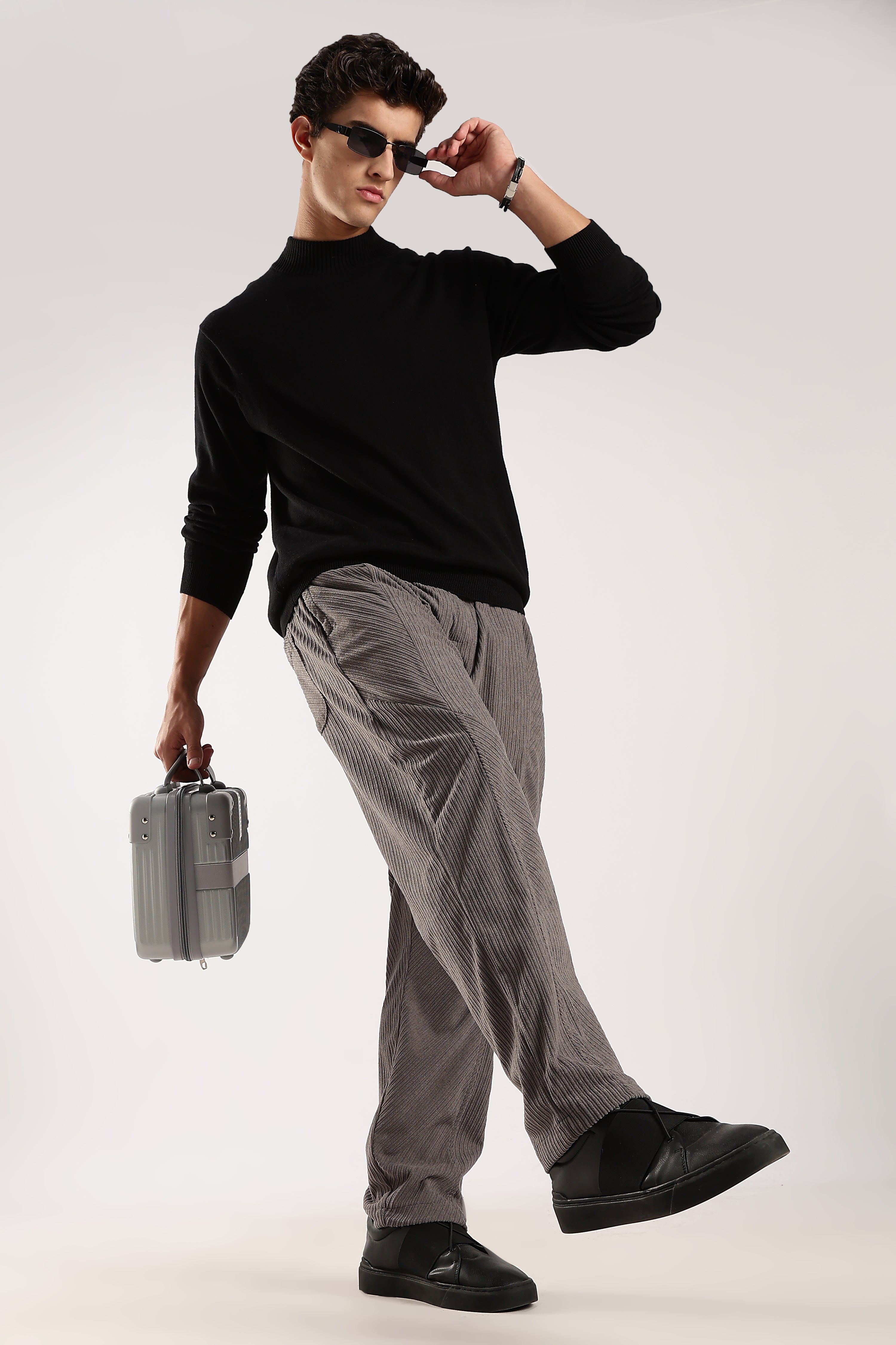 Men Grey Textured Drawcord Trousers