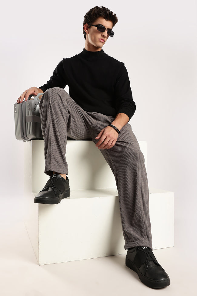 Men Grey Textured Drawcord Trousers