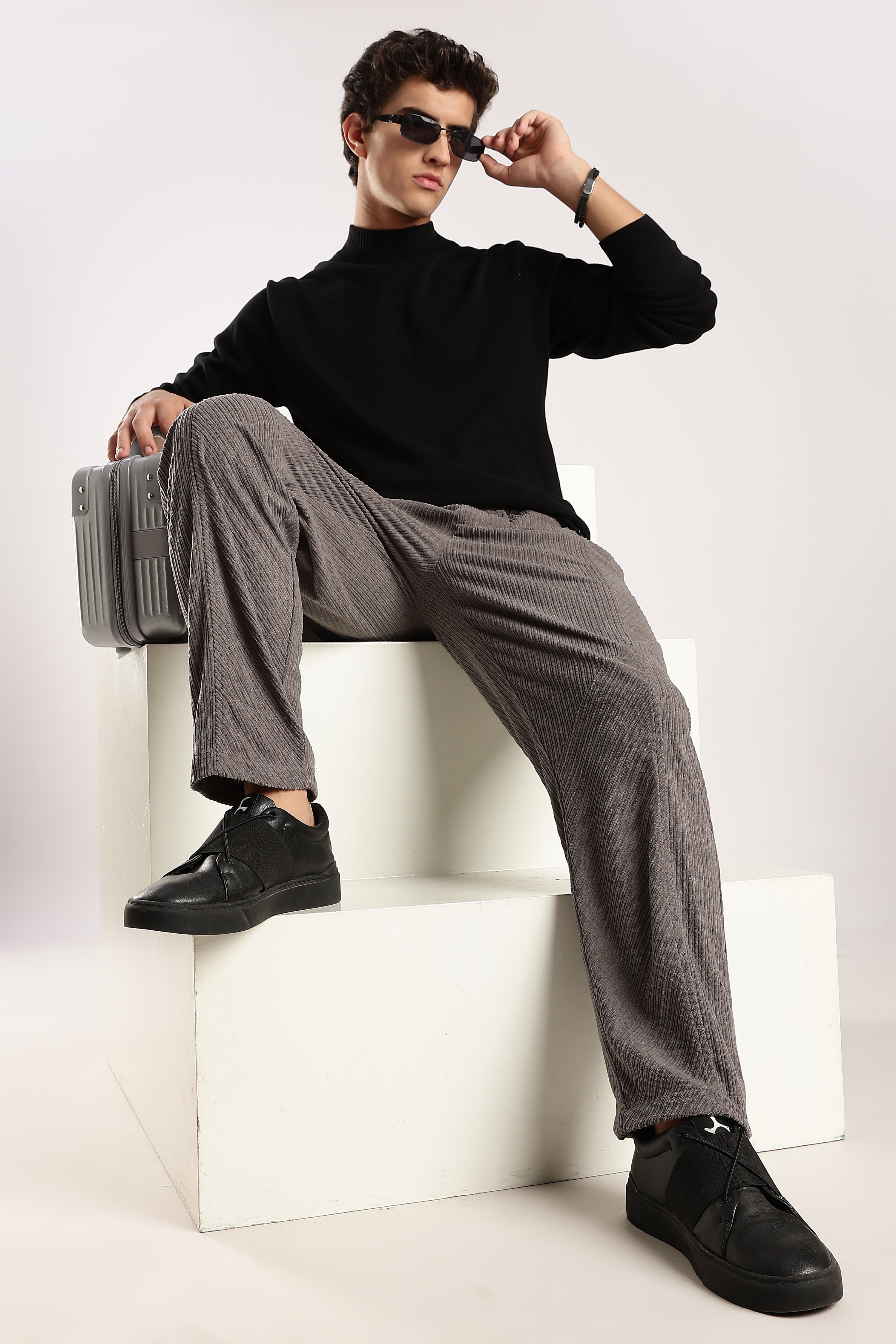 Men Grey Textured Drawcord Trousers