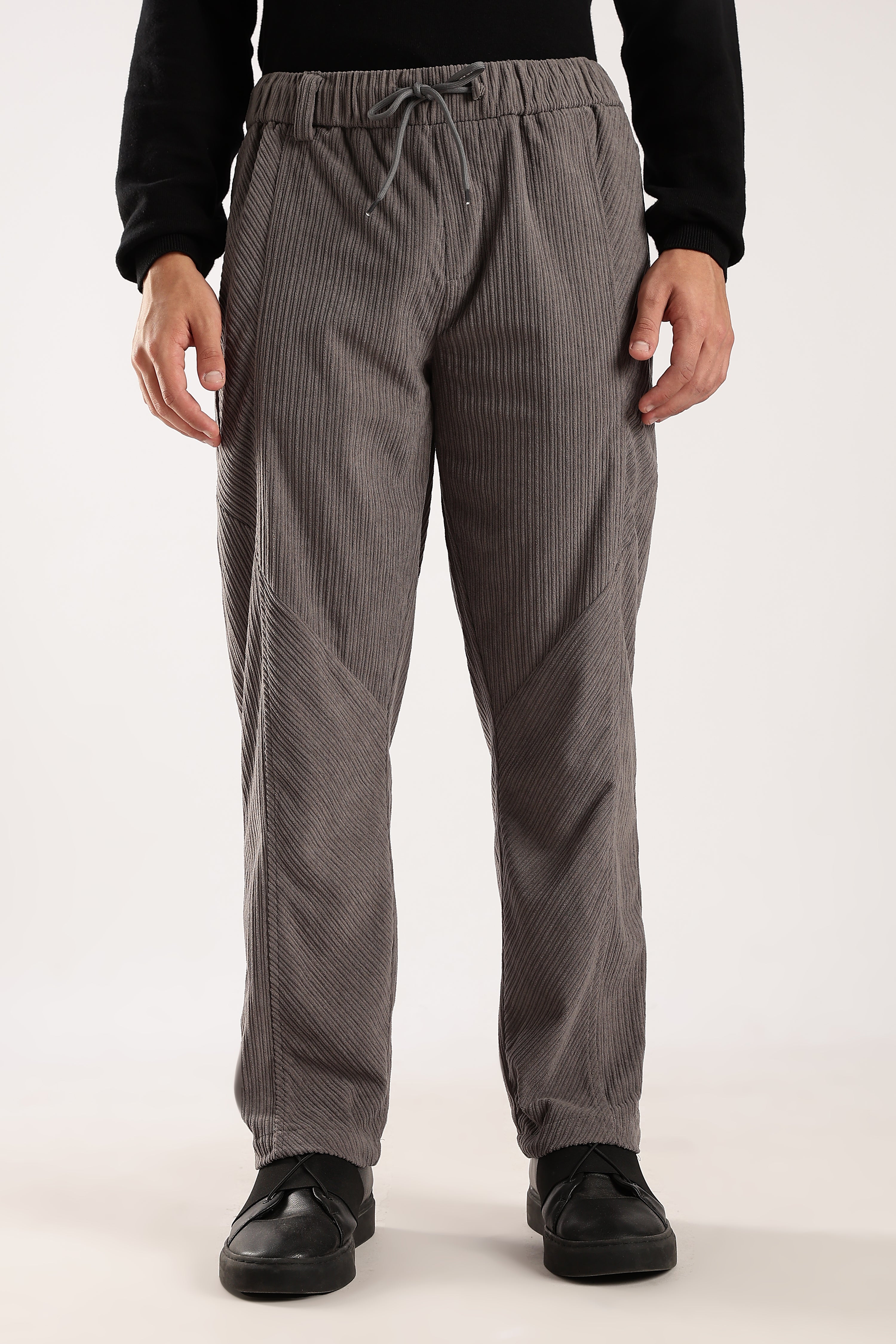 Men Grey Textured Drawcord Trousers