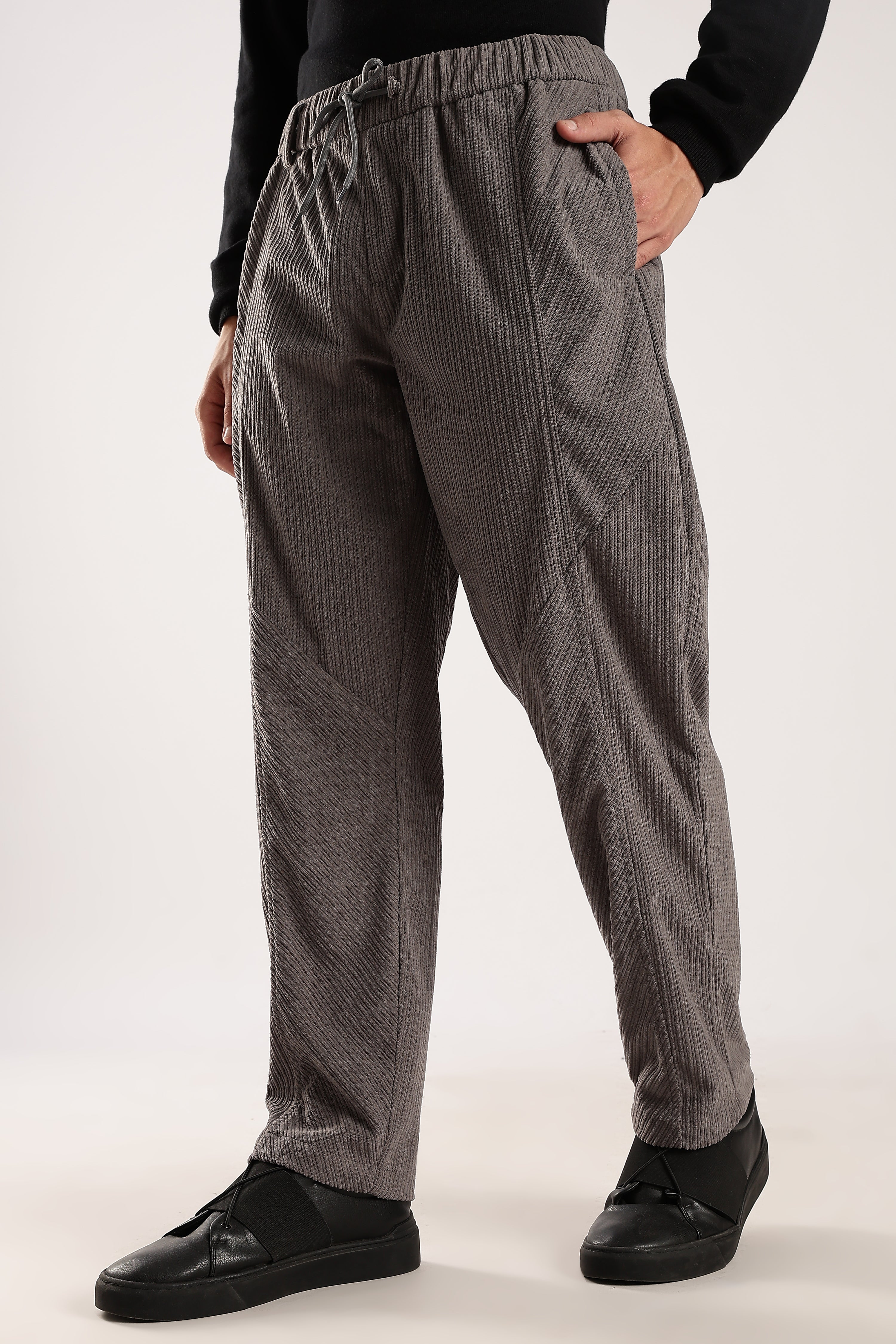 Men Grey Textured Drawcord Trousers