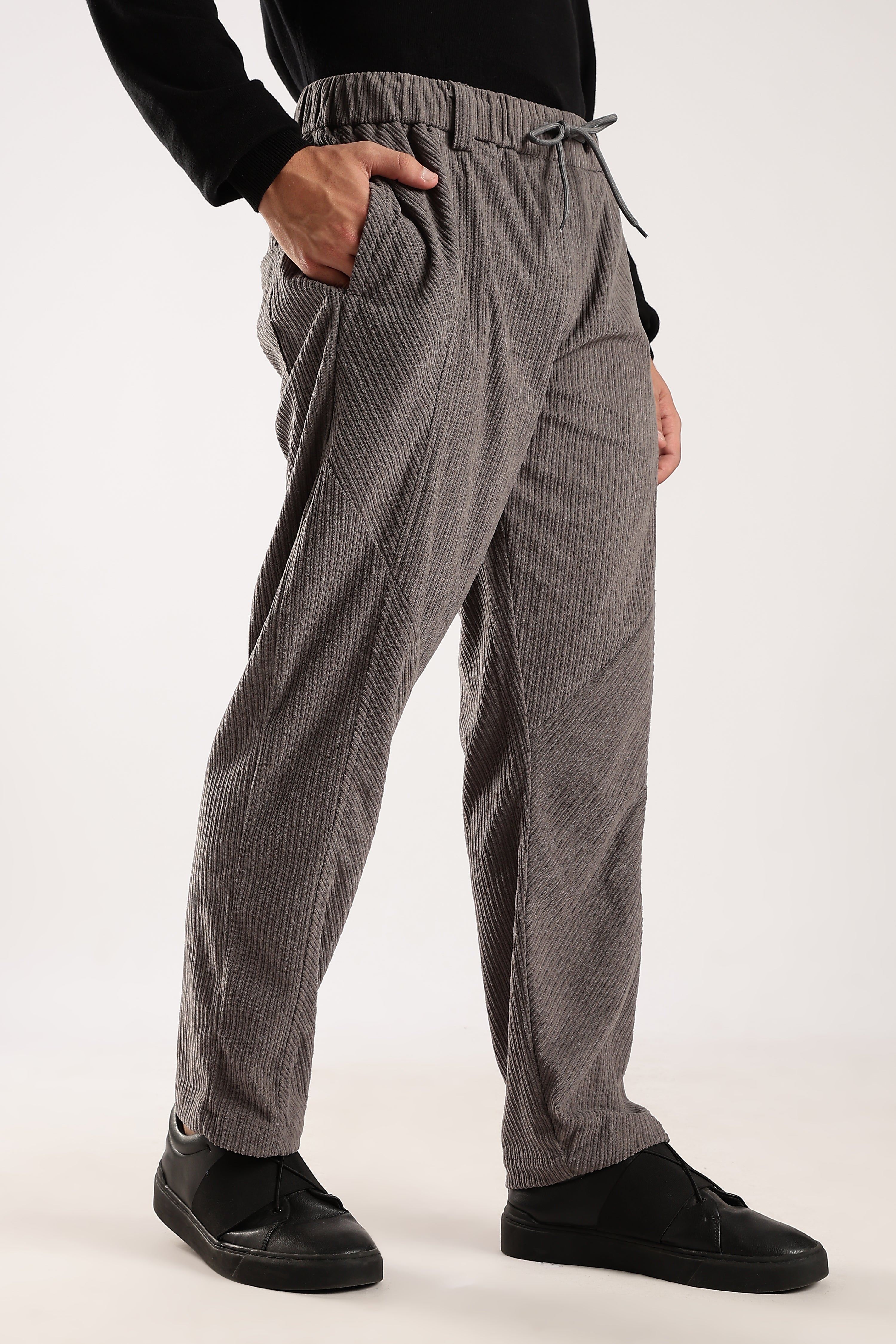 Men Grey Textured Drawcord Trousers