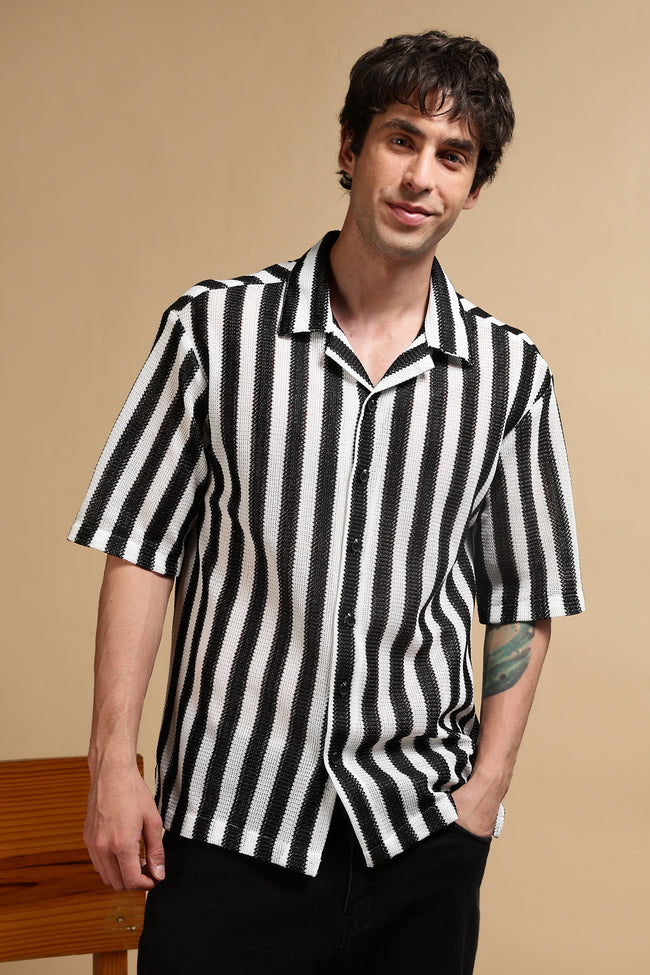 Men White Polyester Croatia Striped Shirt