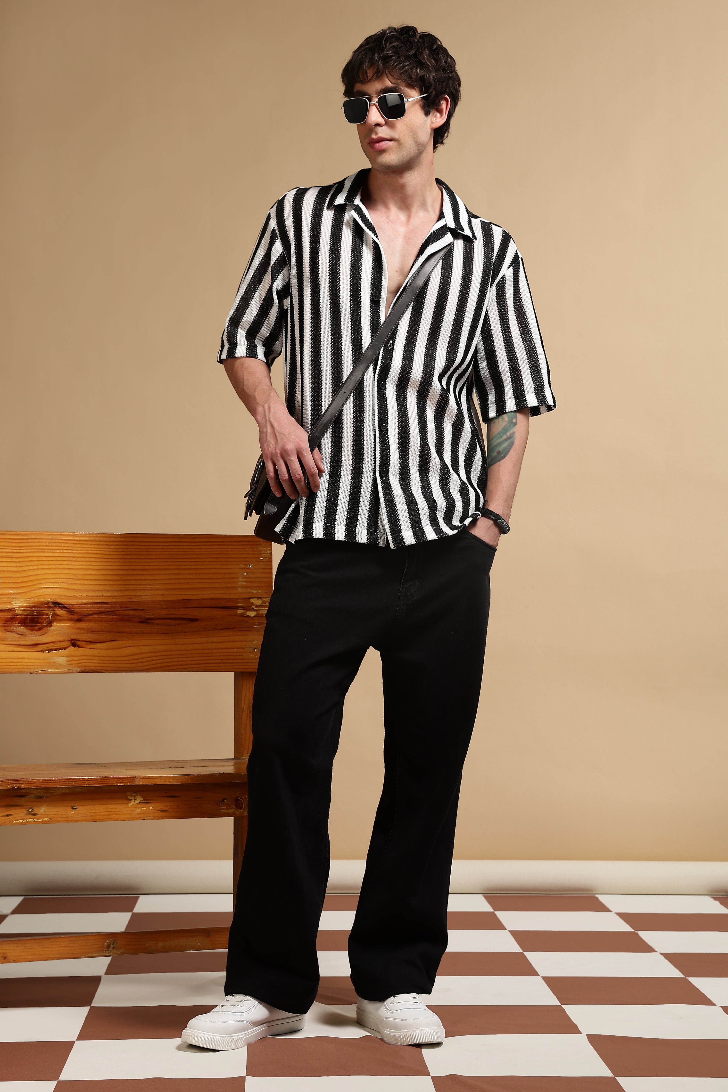 Men White Polyester Croatia Striped Shirt