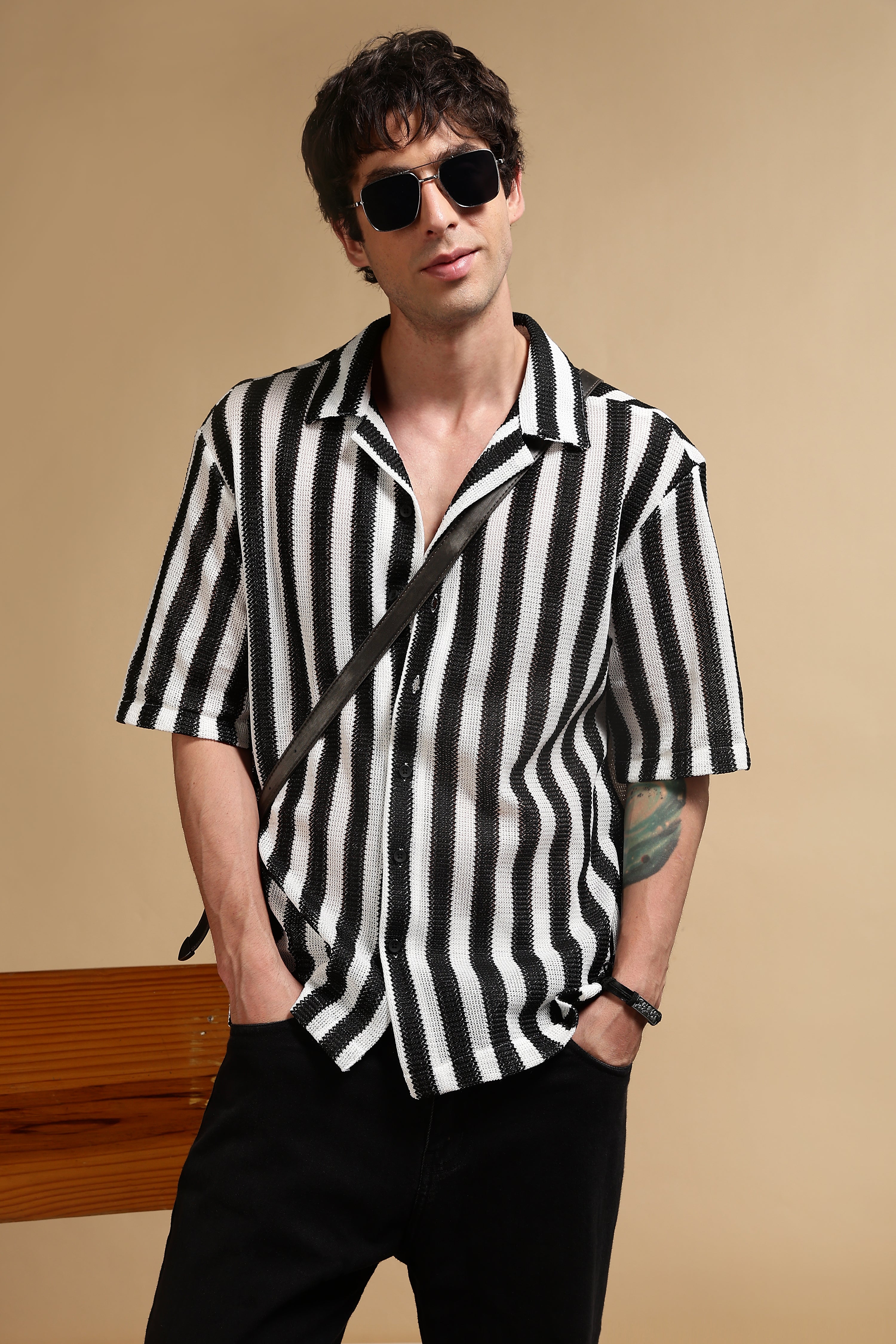 Men White Polyester Croatia Striped Shirt