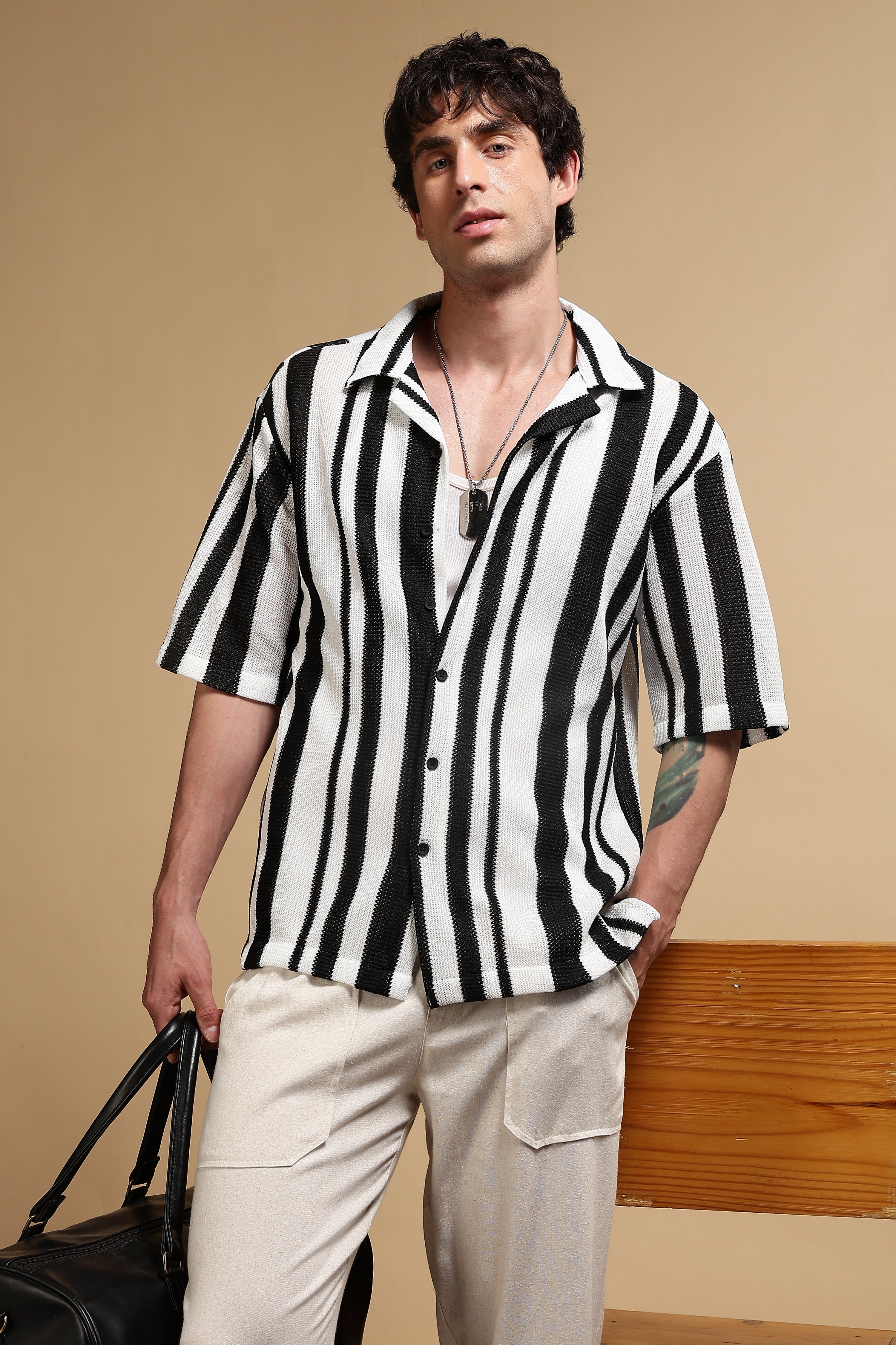 Men White Relaxed Fit Striped Shirt