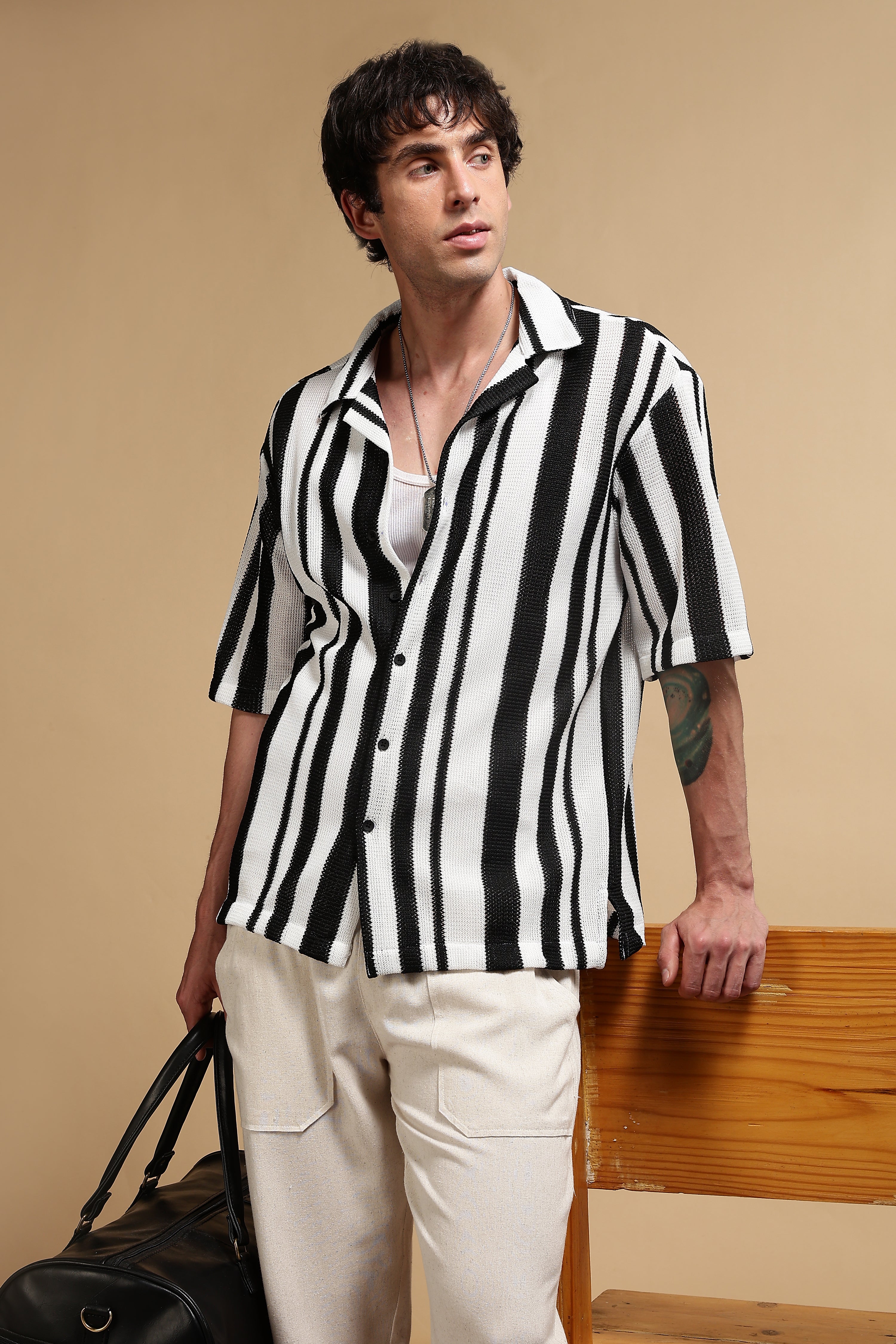 Men White Relaxed Fit Striped Shirt