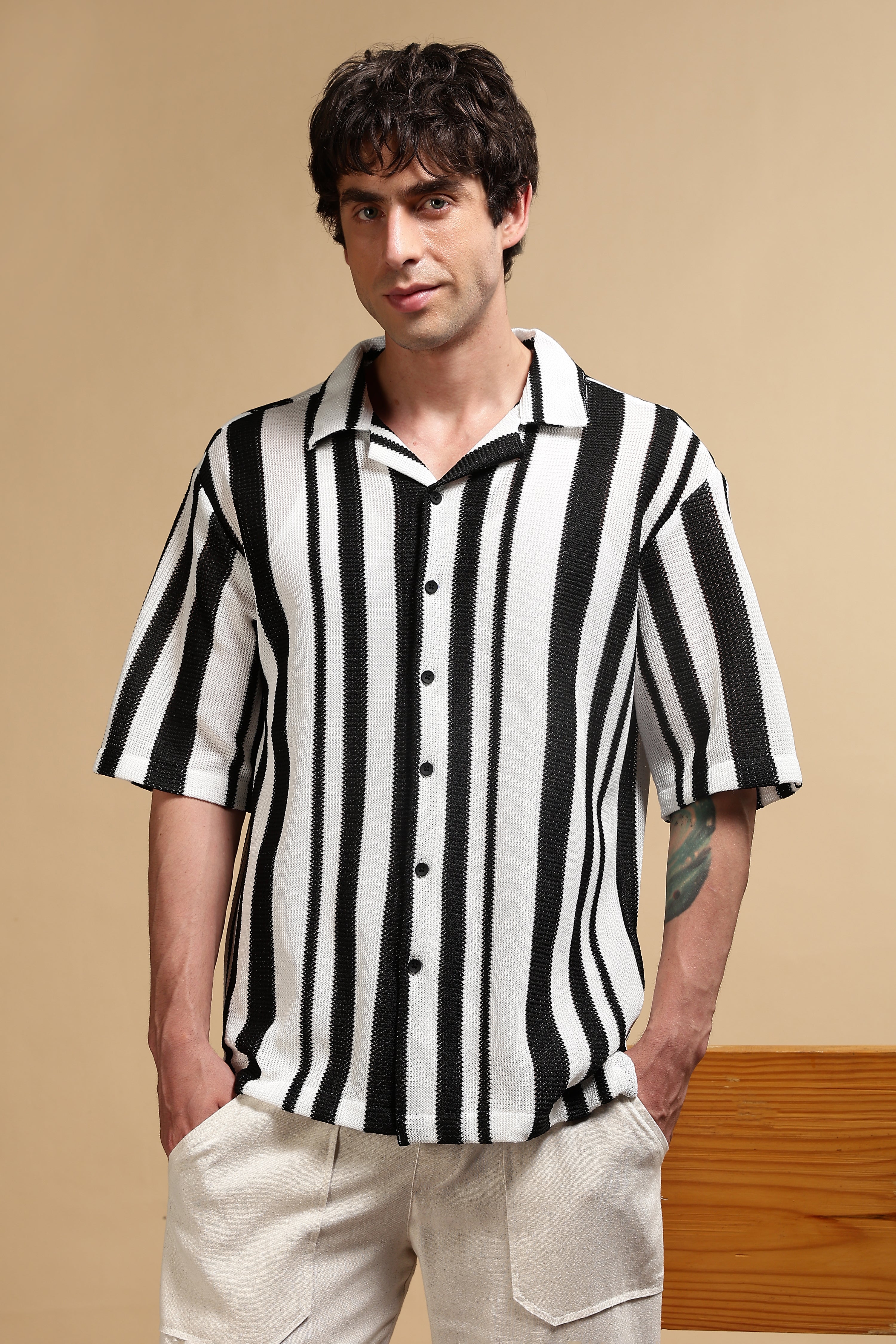 Men White Relaxed Fit Striped Shirt