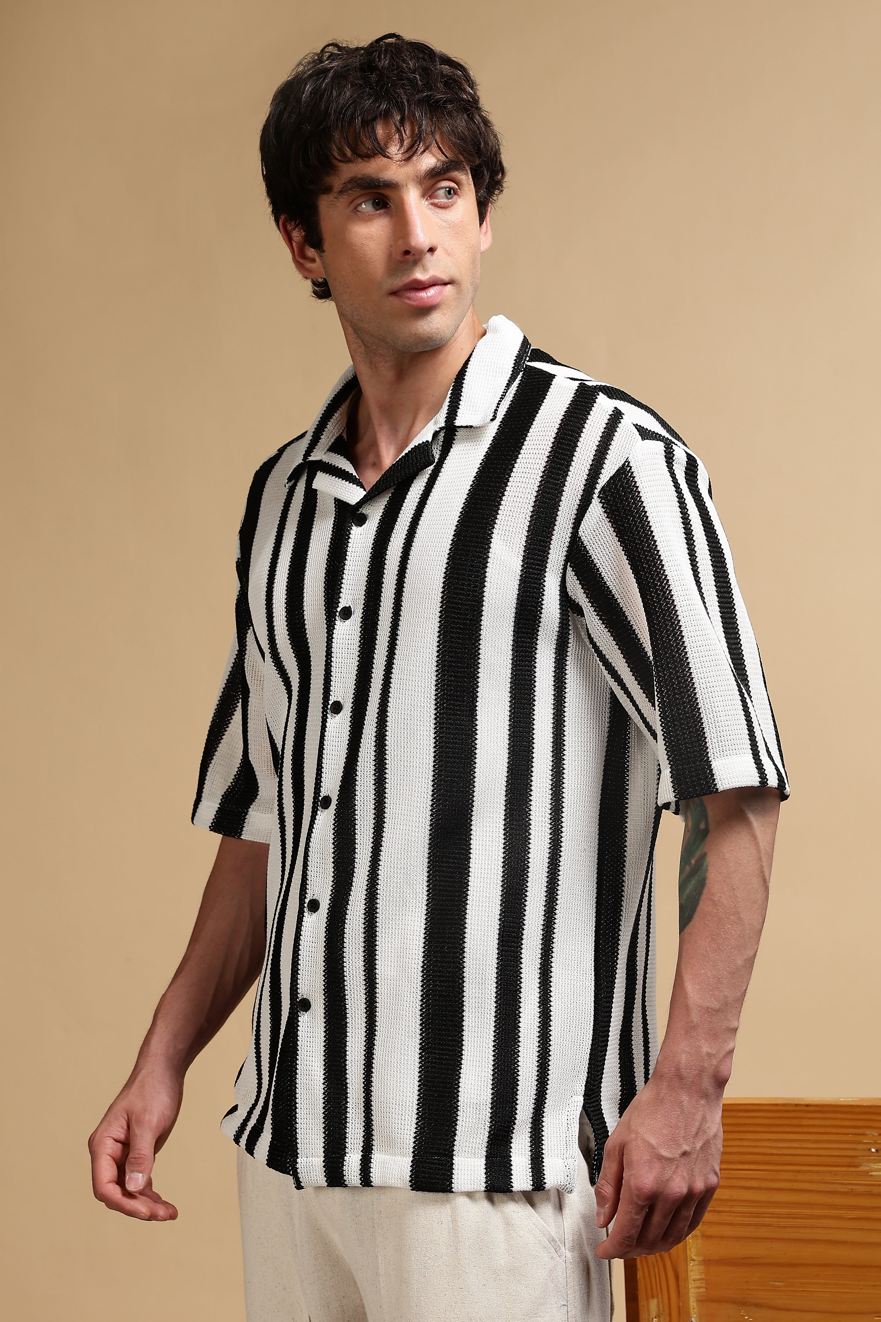 Men White Relaxed Fit Striped Shirt