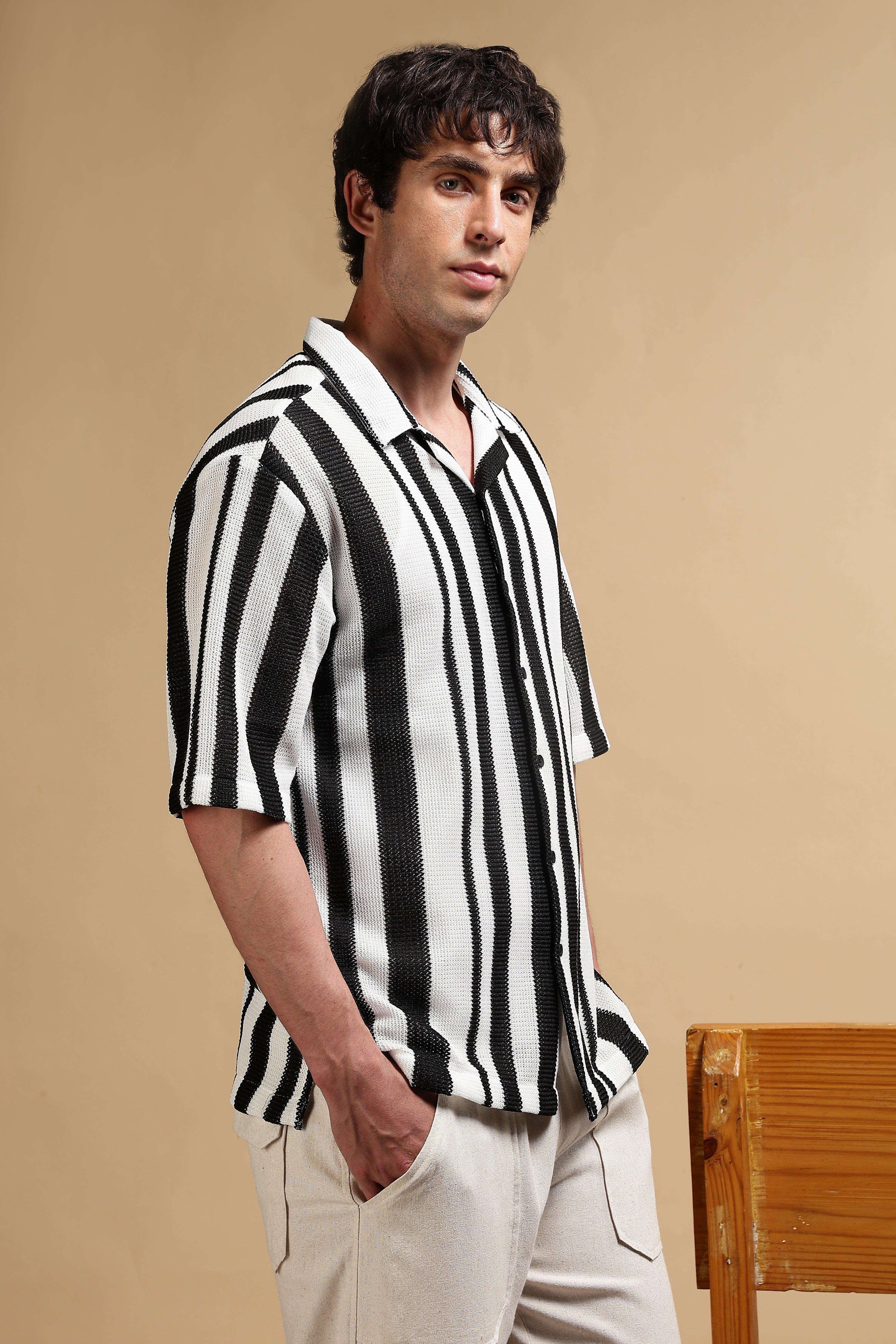 Men White Relaxed Fit Striped Shirt