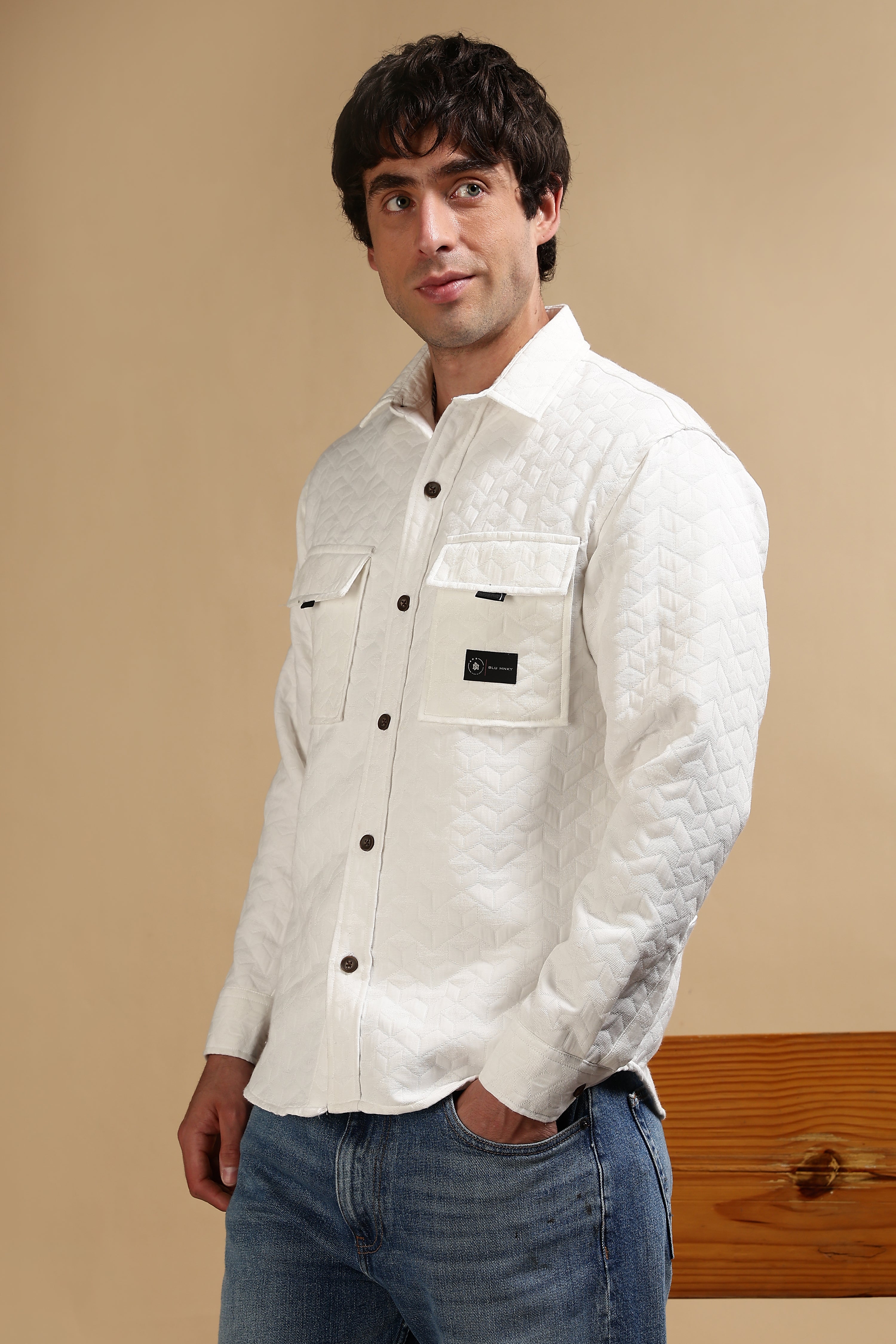 Men White Casual Shacket