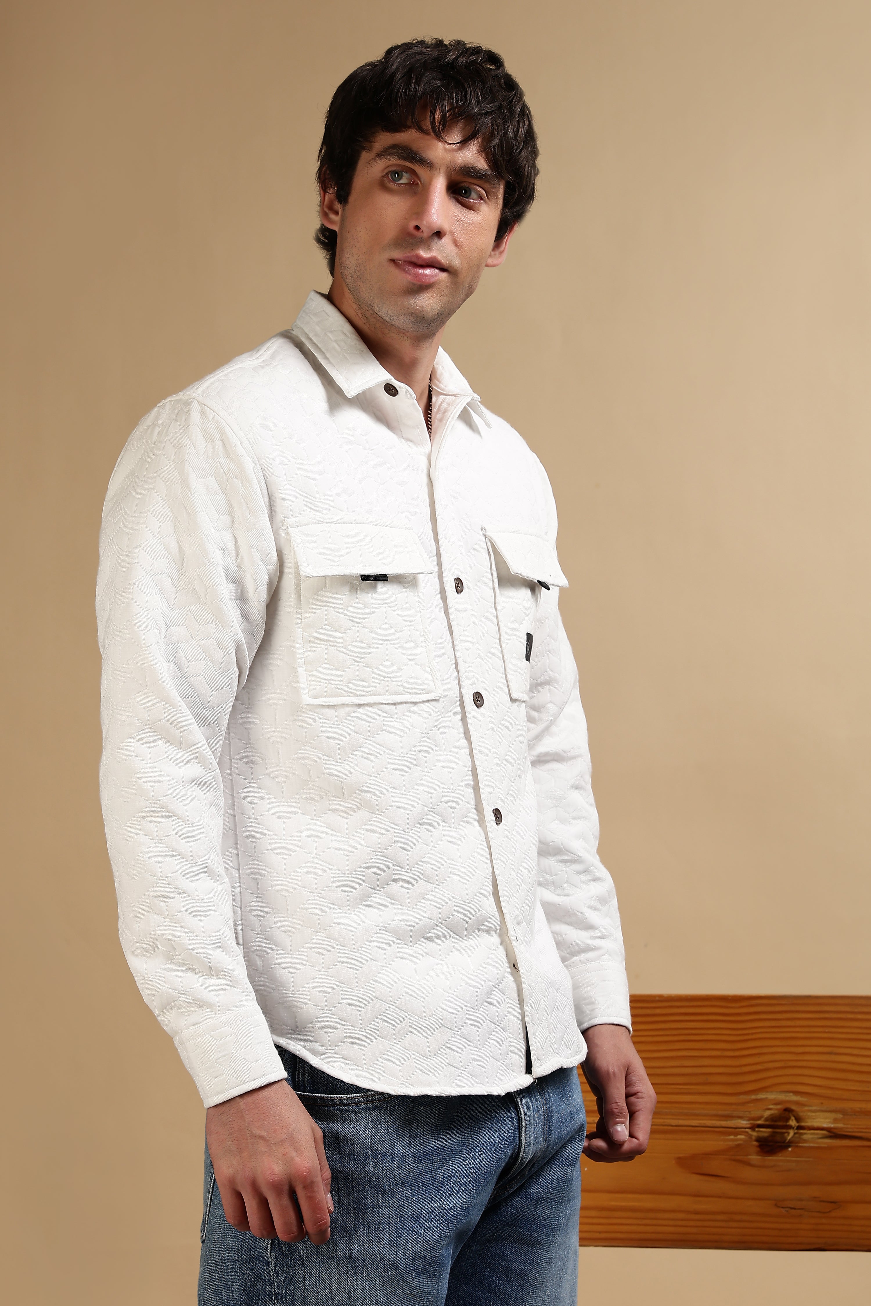 Men White Casual Shacket
