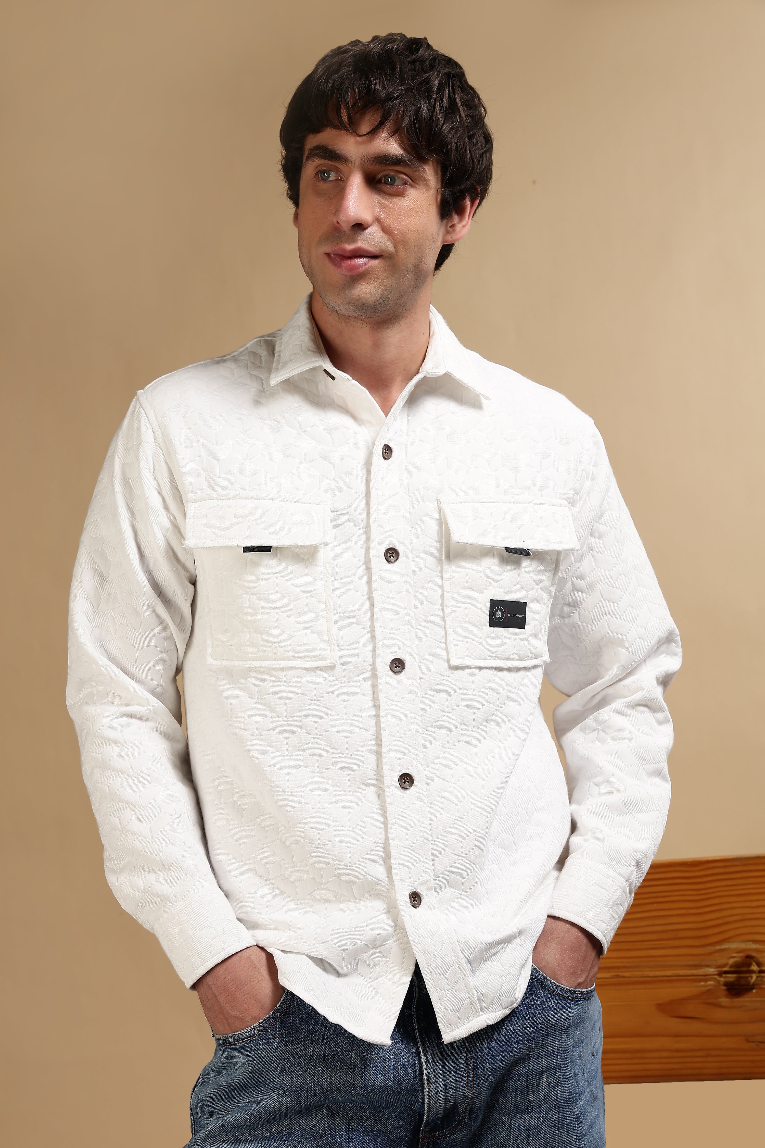 Men White Casual Shacket