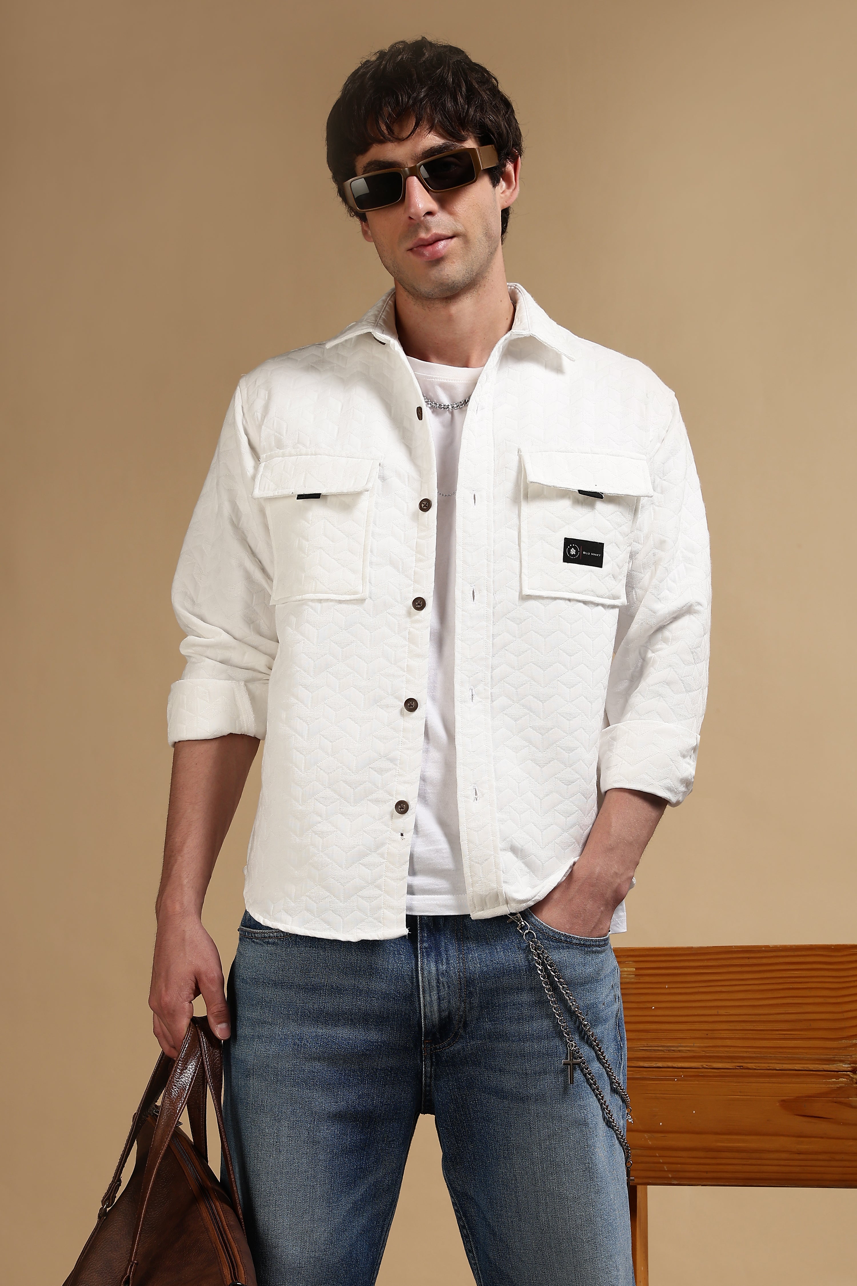 Men White Casual Shacket