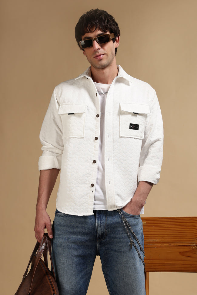 Men White Casual Shacket