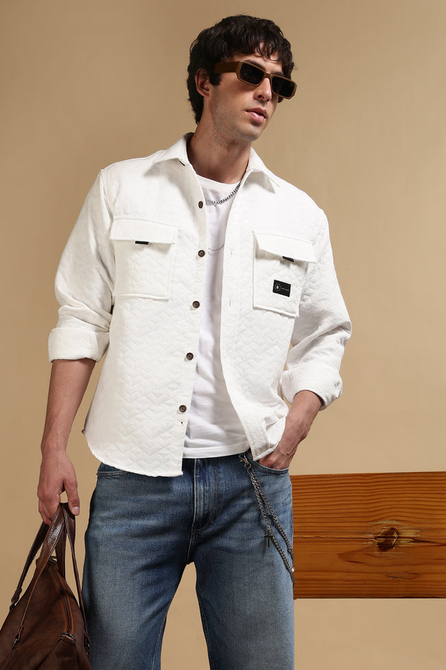 Men White Casual Shacket