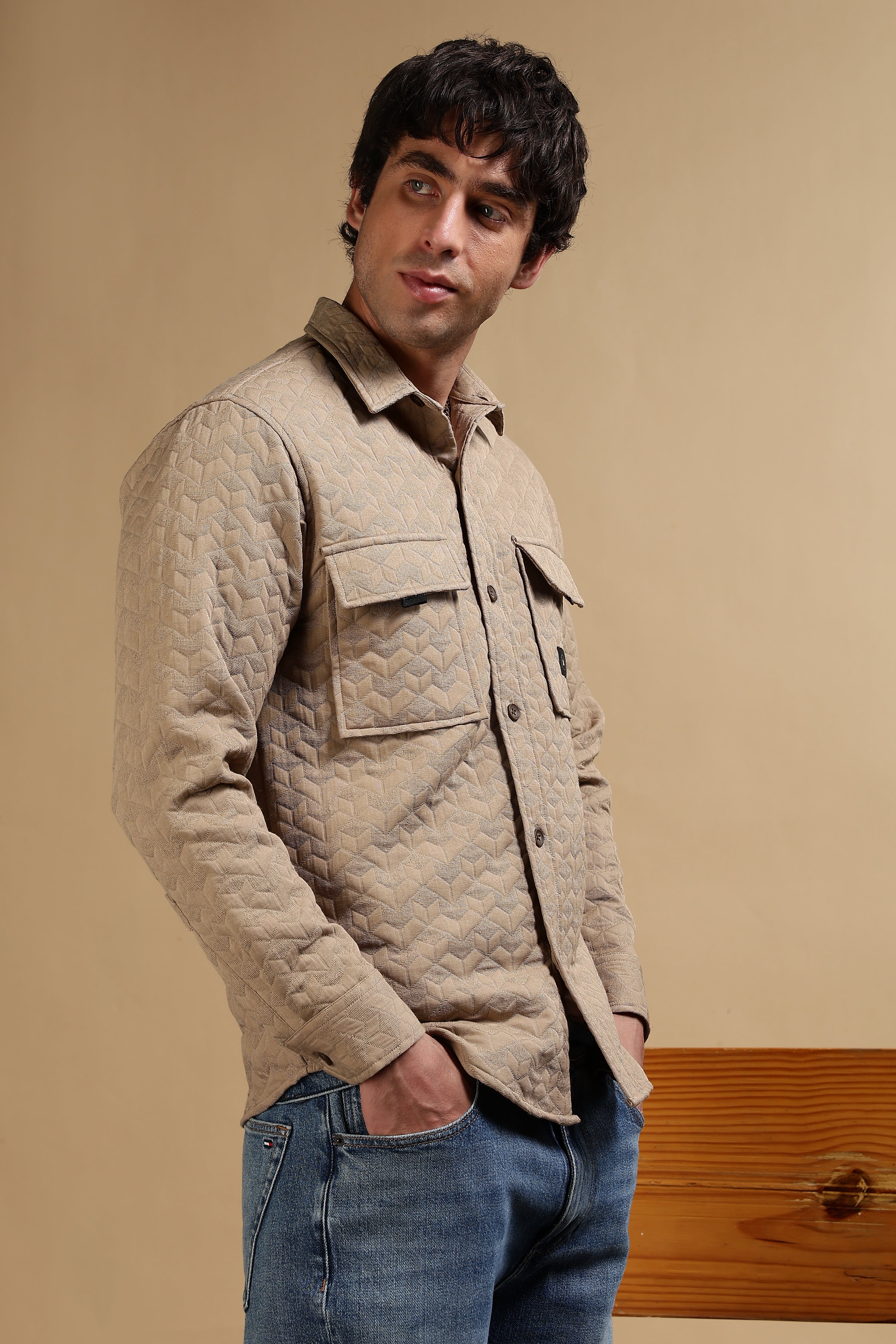 Men Khaki Casual Shacket