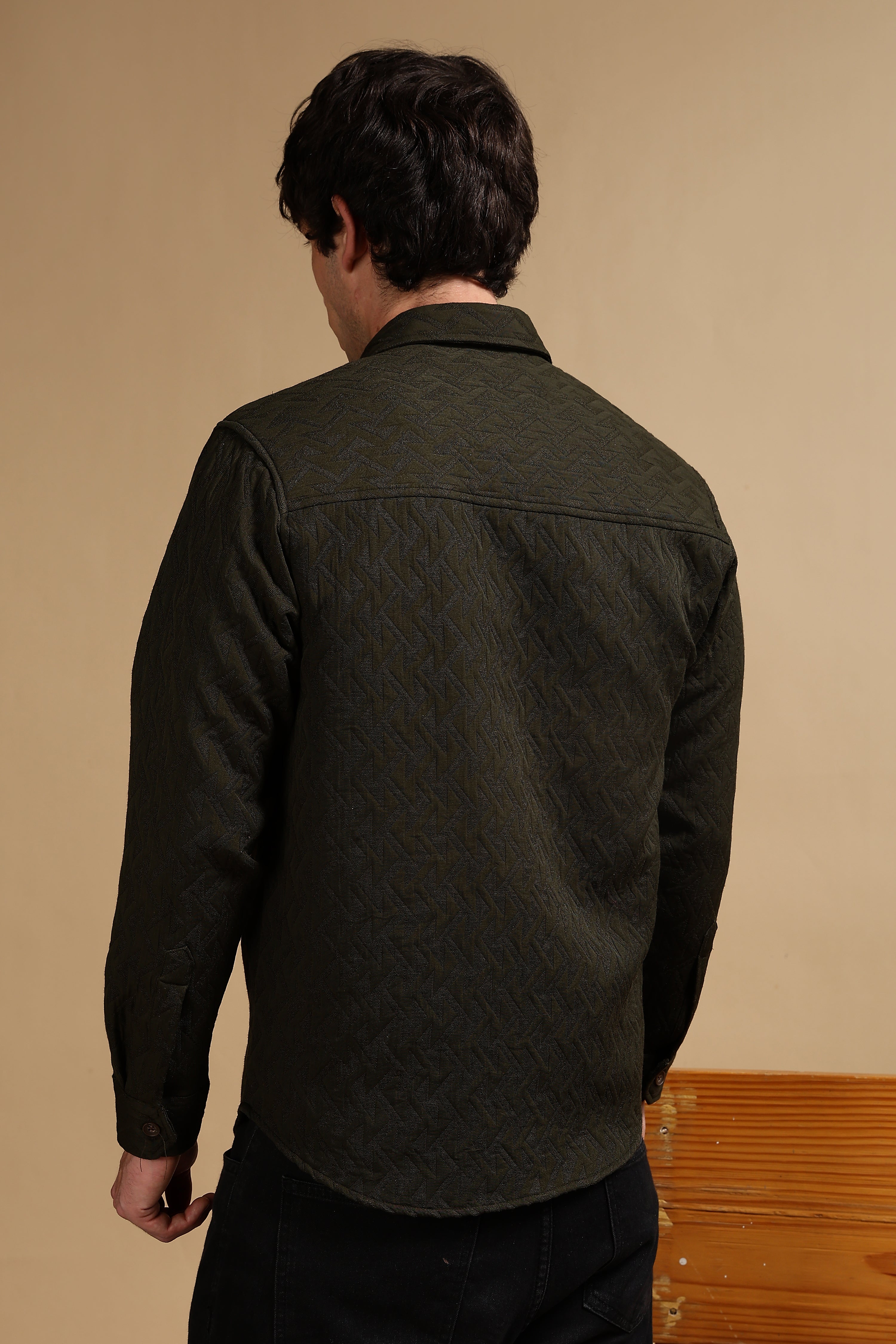 Men Olive Poly Cotton Shacket